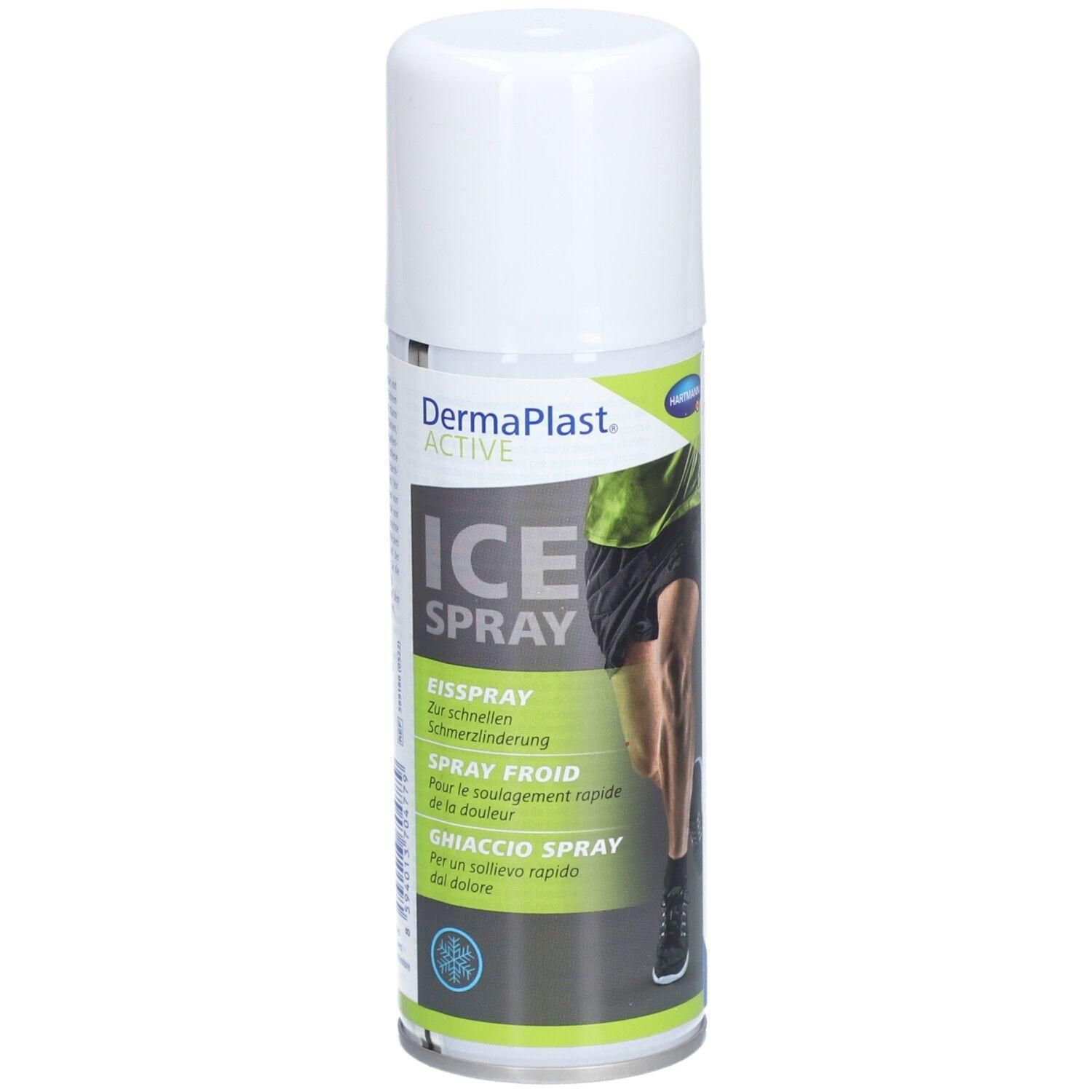 Zylindrische Sprühflasche mit weißem Deckel. Beschriftung: DermaPlast ACTIVE ICE SPRAY. Mehrsprachige Angaben: Eisspray, Spray Froid, Ghiaccio Spray.