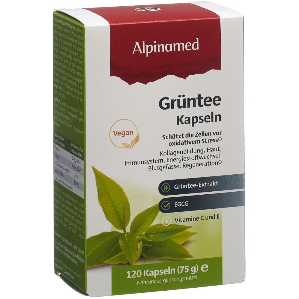 Karton ALPINAMED Grüntee Kapseln. Aufschrift: Grüntee Kapseln, 120 Kapseln, vegan. Grüntee-Extrakt, EGCG, Vitamin C und E.