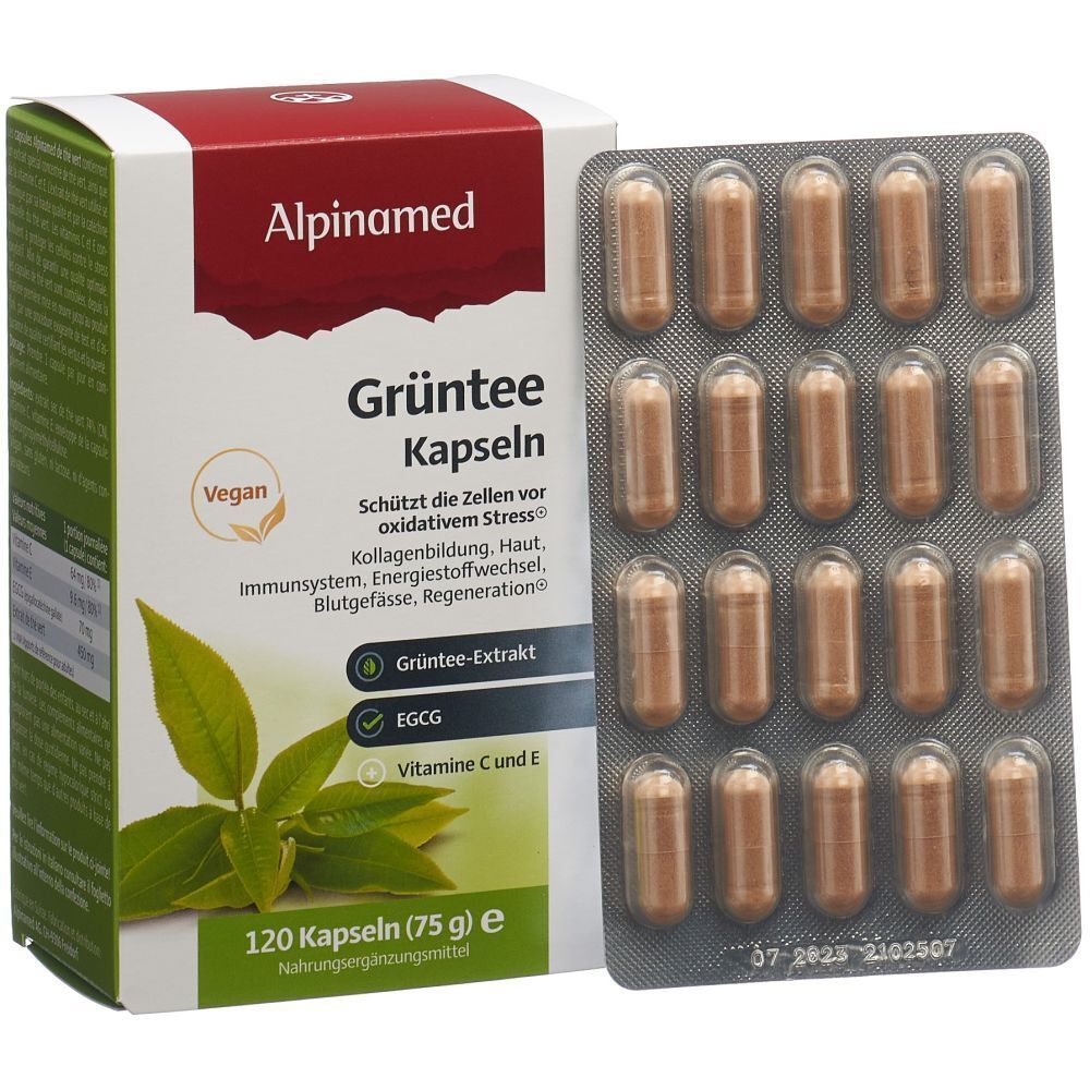 ALPINAMED Grüntee Kapseln in Schachtel und Blister. Aufschrift: Grüntee Kapseln, 120 Kapseln, vegan. Grüntee-Extrakt, EGCG, Vitamin C und E.