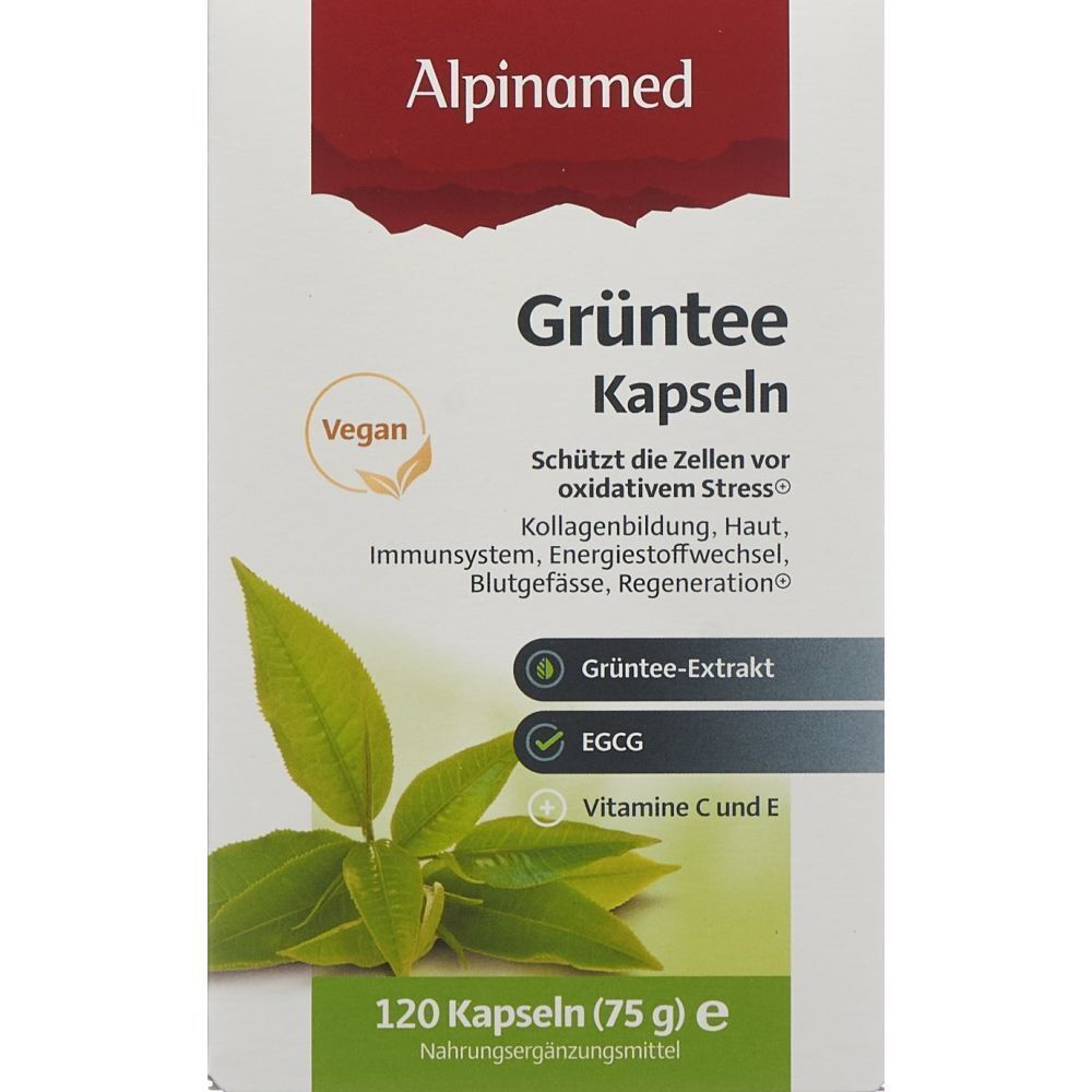 Karton ALPINAMED Grüntee Kapseln. Aufschrift: Grüntee Kapseln, 120 Kapseln, vegan. Grüntee-Extrakt, EGCG, Vitamin C und E.