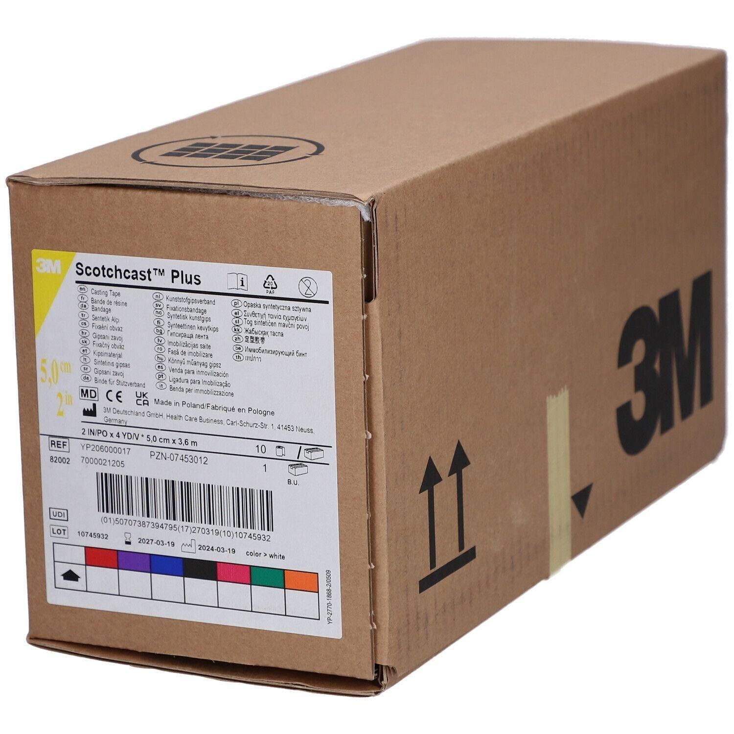 Kartonverpackung mit Produktinformationen. Aufschrift 3M Scotchcast Plus. Pfeile und 3M-Logo. Aufkleber mit Farbcodierung.