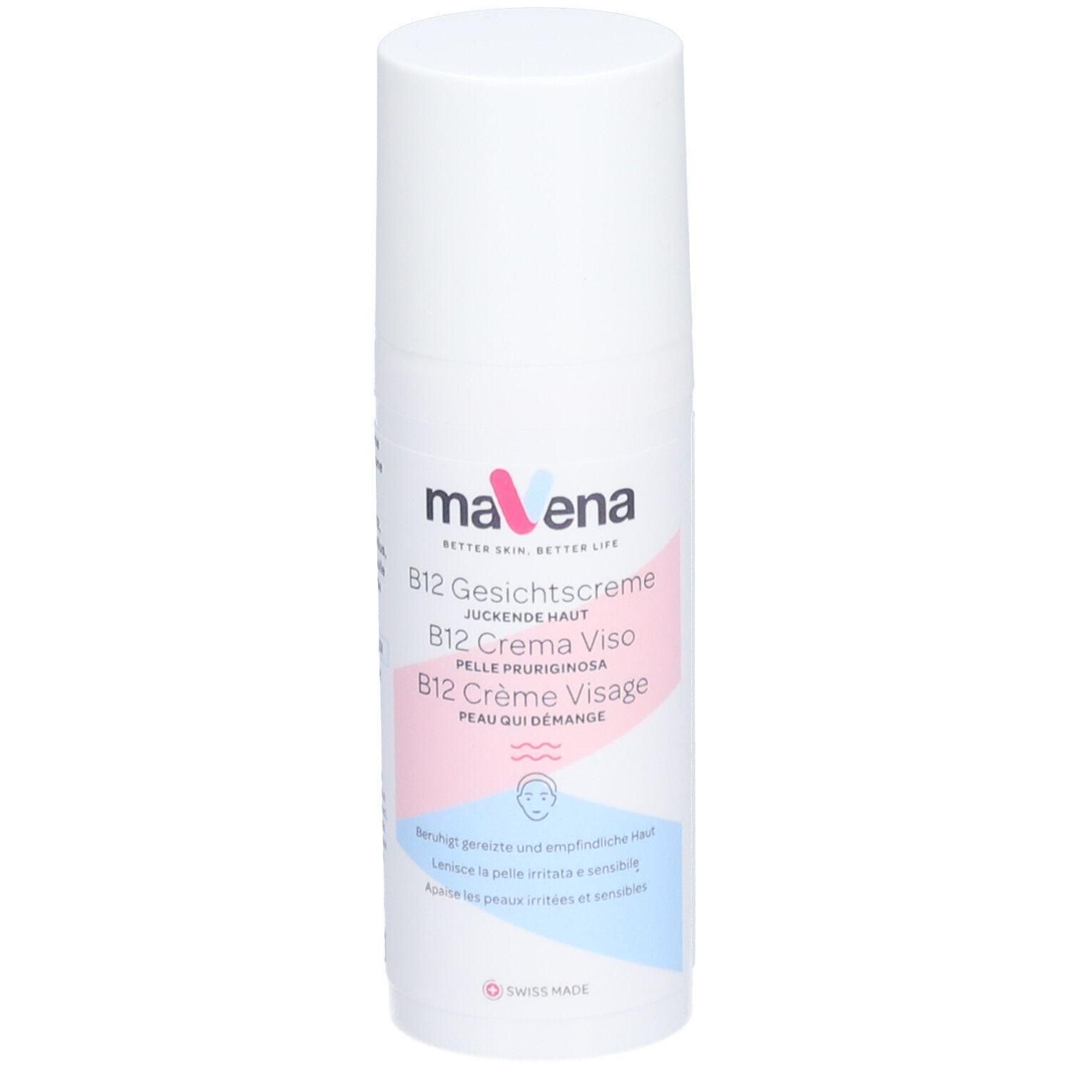 Weiße zylindrische Flasche mit rosa und blauen Akzenten. Beschriftung: mavena, B12 Gesichtscreme, B12 Crema Viso, B12 Crème Visage.