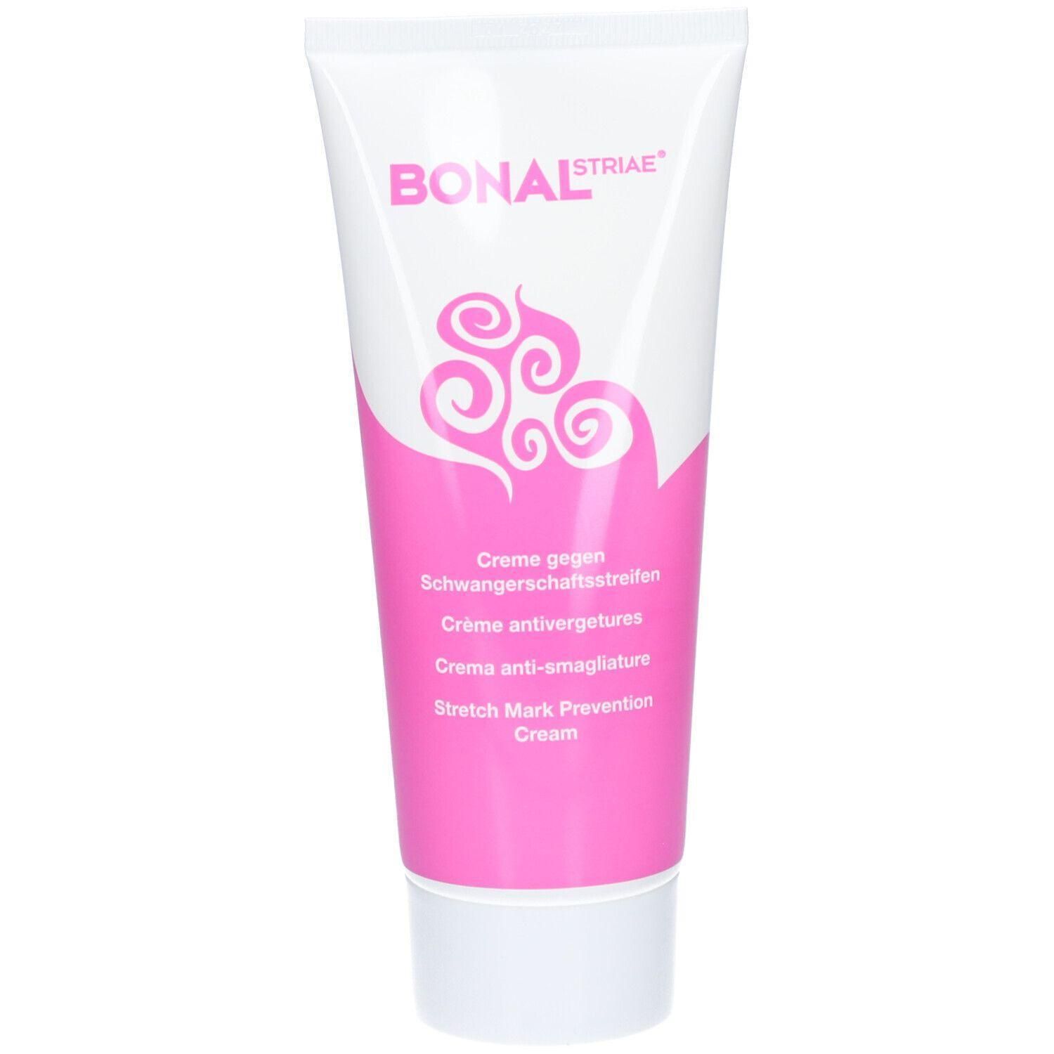 BONAL STRIAE Tube mit Stretch Mark Prevention Cream. Weiße Tube mit rosa Designelementen und Text.