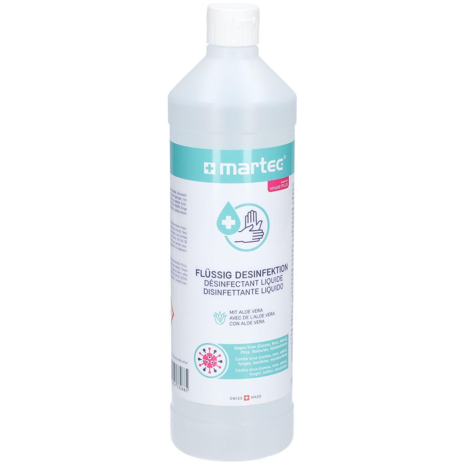 Flacon de désinfectant liquide à l'aloe vera. Récipient en plastique blanc avec bouchon à vis. Étiquette turquoise et blanche avec logo et texte.
