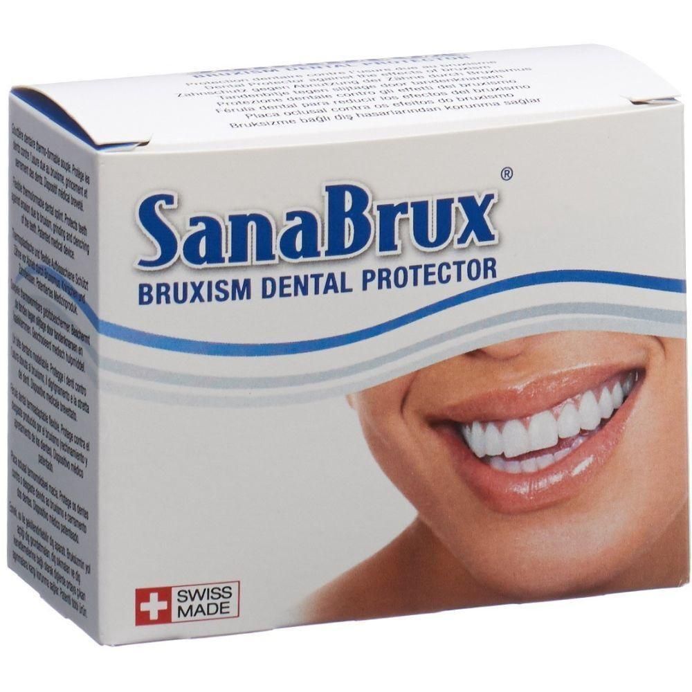 Emballage de SanaBrux, protecteur dentaire contre le bruxisme. Inscription: Bruxism Dental Protector. Avec croix suisse.