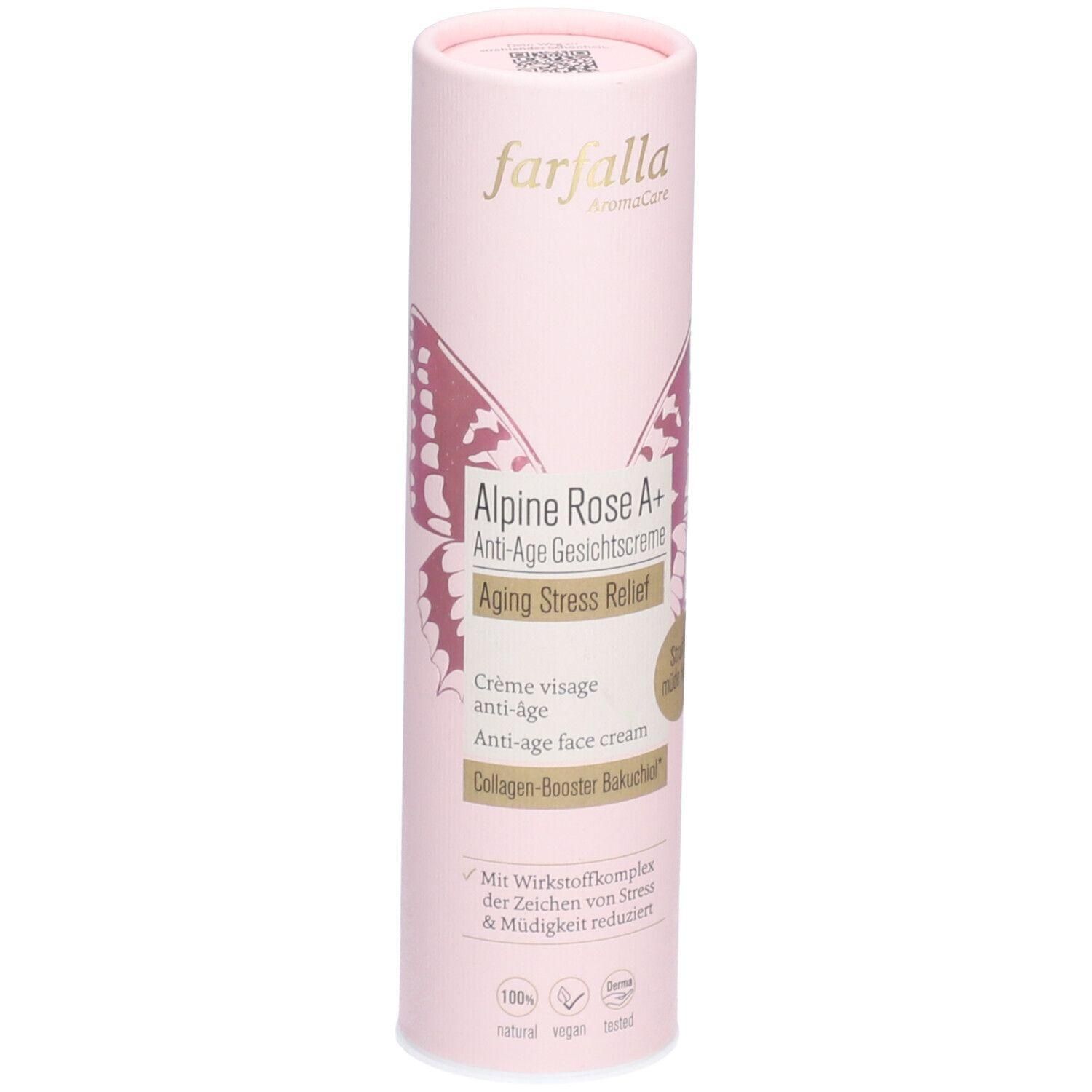 Zylindrische Verpackung, rosa. Aufschrift: Farfalla, Alpine Rose A+ Anti-Age Gesichtscreme, Aging Stress Relief. Text in Deutsch und Englisch.