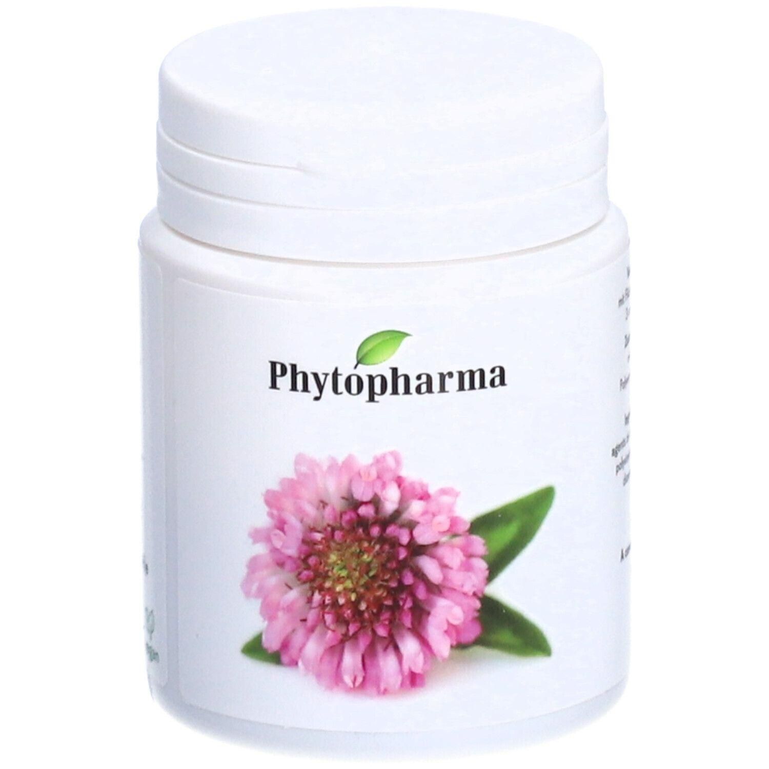 Weiße Dose mit Schraubverschluss. Aufschrift "Phytopharma" und Abbildung einer roten Kleeblüte mit Blättern.