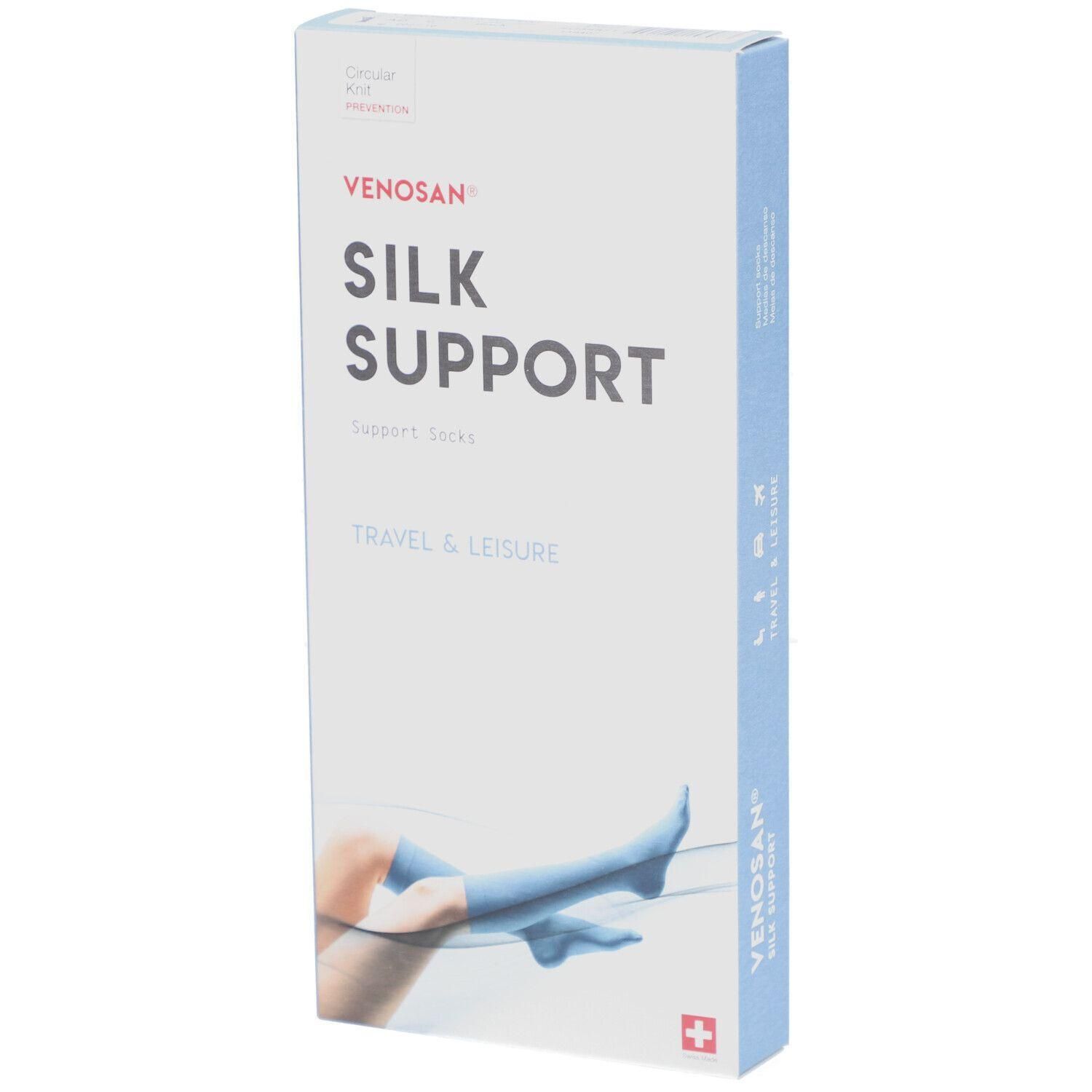 Verpackung von Venosan Silk Support Strümpfen. Aufschrift: Venosan, Silk Support, Travel & Leisure. Abgebildet sind blaue Strümpfe an einem Bein.