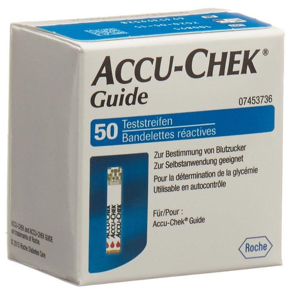 Boîte de bandelettes réactives ACCU-CHEK Guide. Contient 50 bandelettes. Inscription : Pour la détermination de la glycémie. Logo Roche.