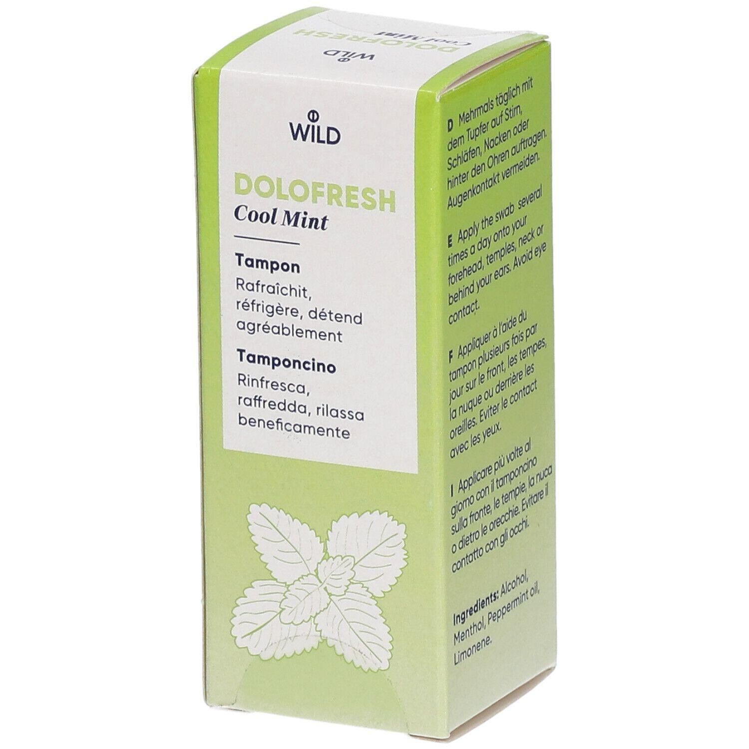 Grüne Schachtel mit Produktnamen DOLOFRESH Cool Mint. Text in Deutsch, Französisch, Italienisch. Abbildung von Minzblättern.