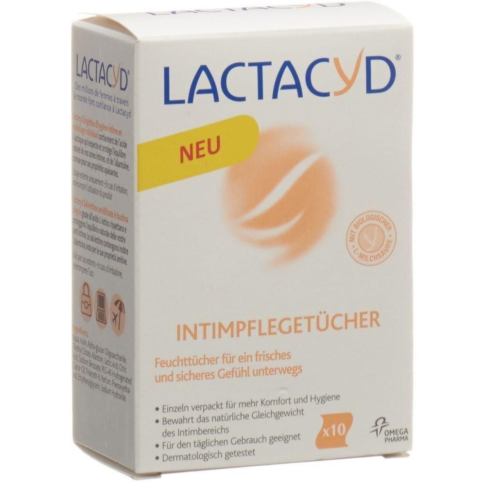 Boîte blanche LACTACYD avec inscription INTIMPFLEGETÜCHER. Champ jaune avec « NEU ». Contient 10 lingettes. Testé dermatologiquement.