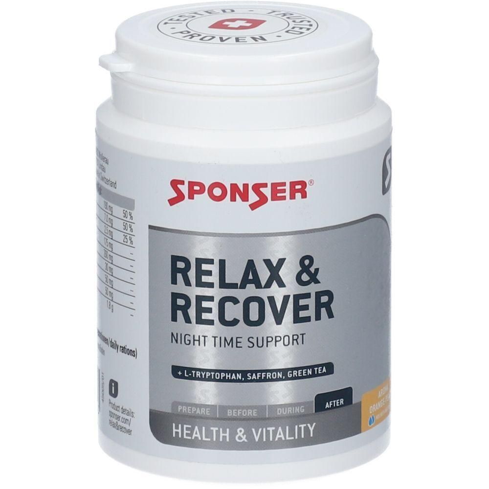 Weiße Dose mit rotem SPONSER-Logo. Aufschrift: RELAX & RECOVER, NIGHT TIME SUPPORT. Enthält L-Tryptophan, Safran, Grüner Tee. Gesundheits- und Vitalitäts-Hinweis.