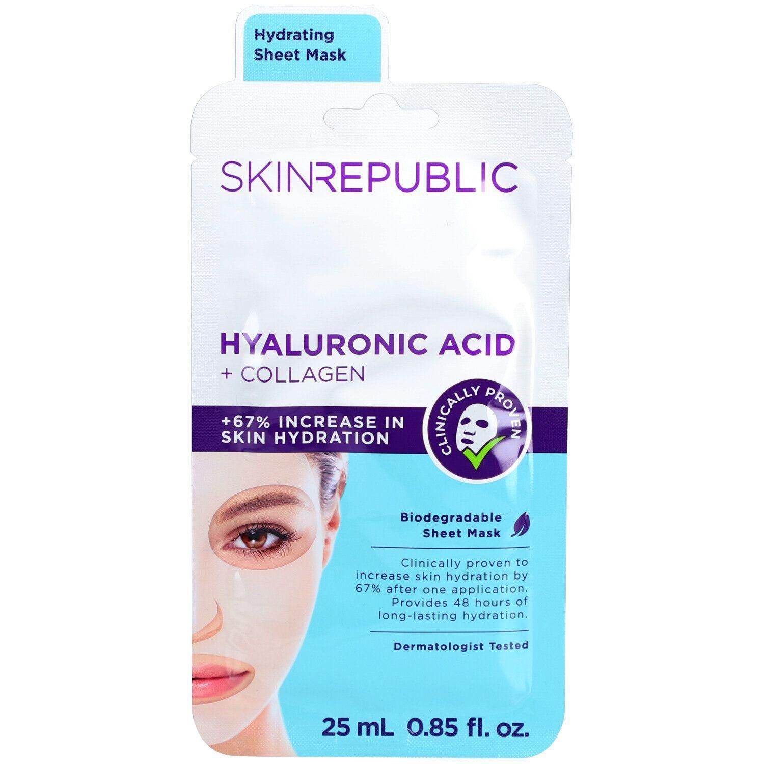 Hautmaske-Verpackung. Enthält Hyaluronsäure und Kollagen. Marke: Skin Republic. Text: +67% mehr Hautfeuchtigkeit. Dermatologisch getestet.