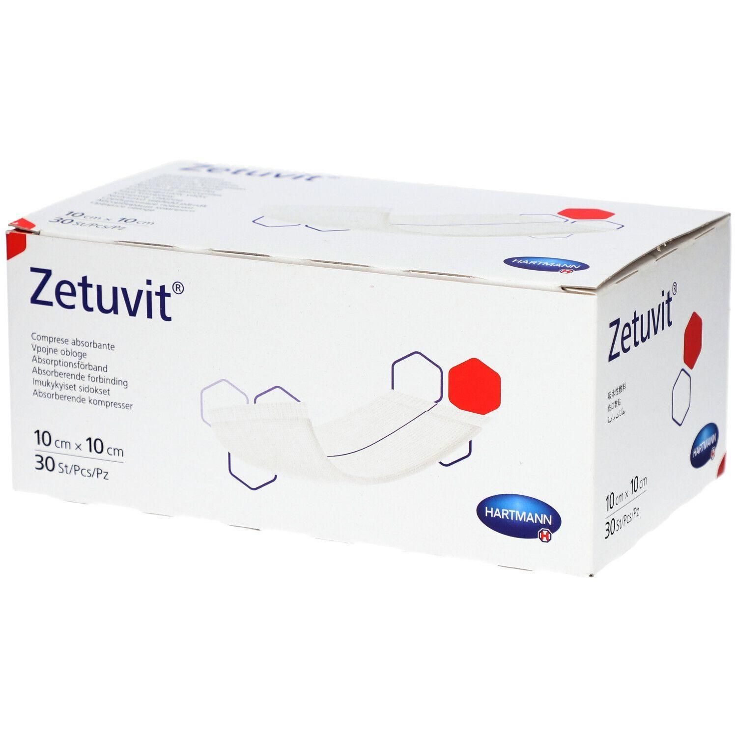 Boîte blanche avec logo Zetuvit et informations produit. Contient 30 compresses absorbantes stériles, 10 x 10 cm. Logo Hartmann.