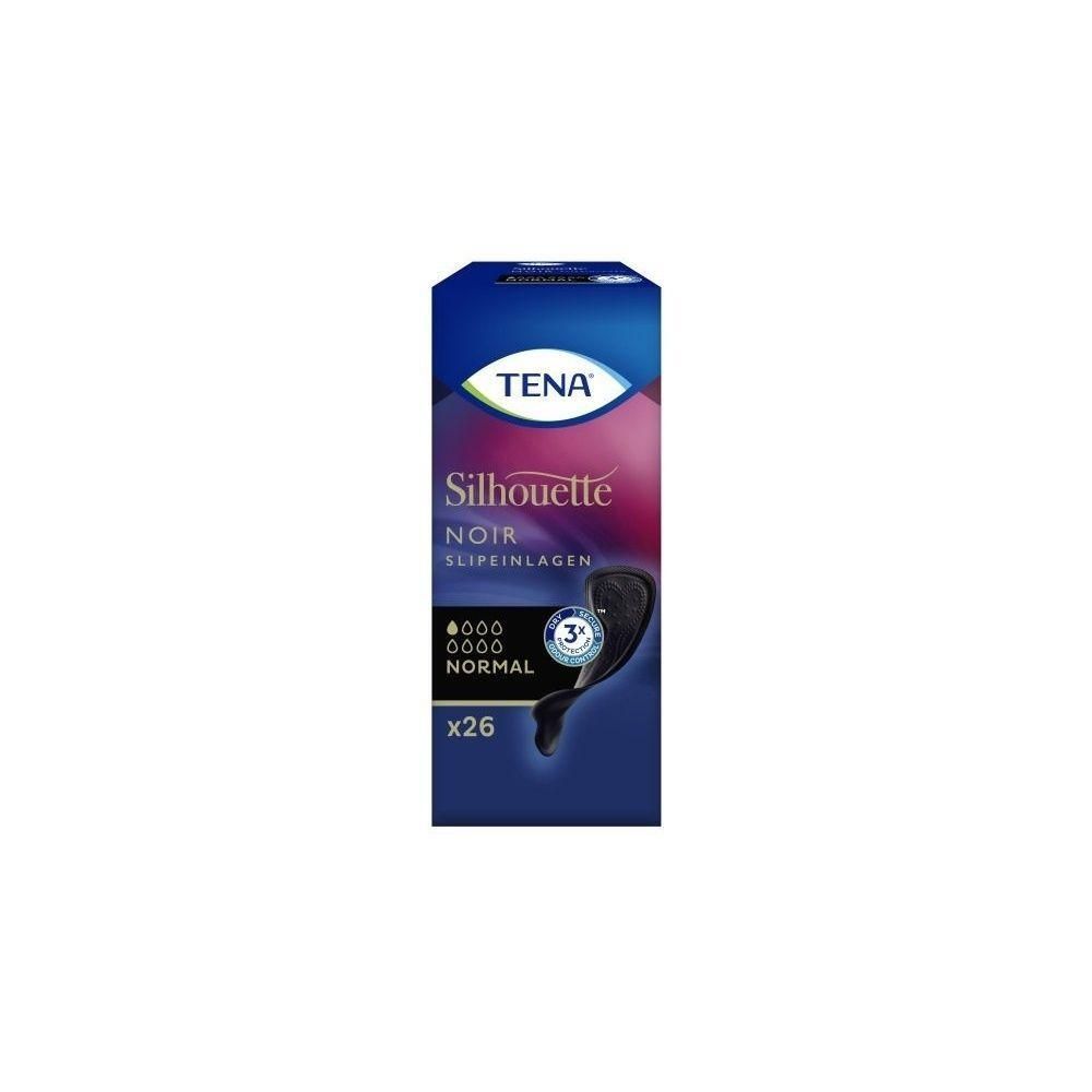 Verpackung von TENA Silhouette Noir Slipeinlagen. Blaue Schachtel mit Produktbezeichnung und schwarzer Slipeinlage. x26.