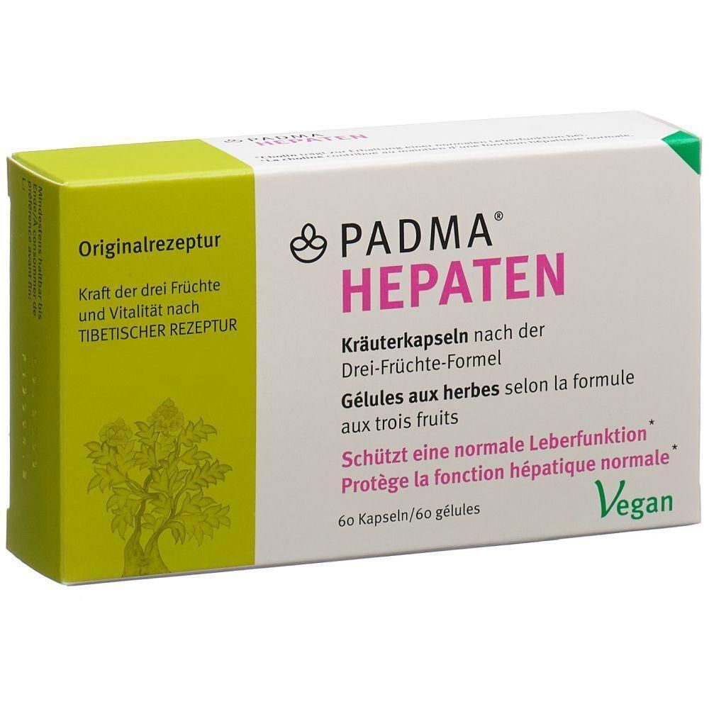 Karton mit PADMA HEPATEN Kapseln. Grün-weiße Verpackung mit Produktnamen, Inhaltsangaben und Vegan-Siegel. 60 Kapseln.