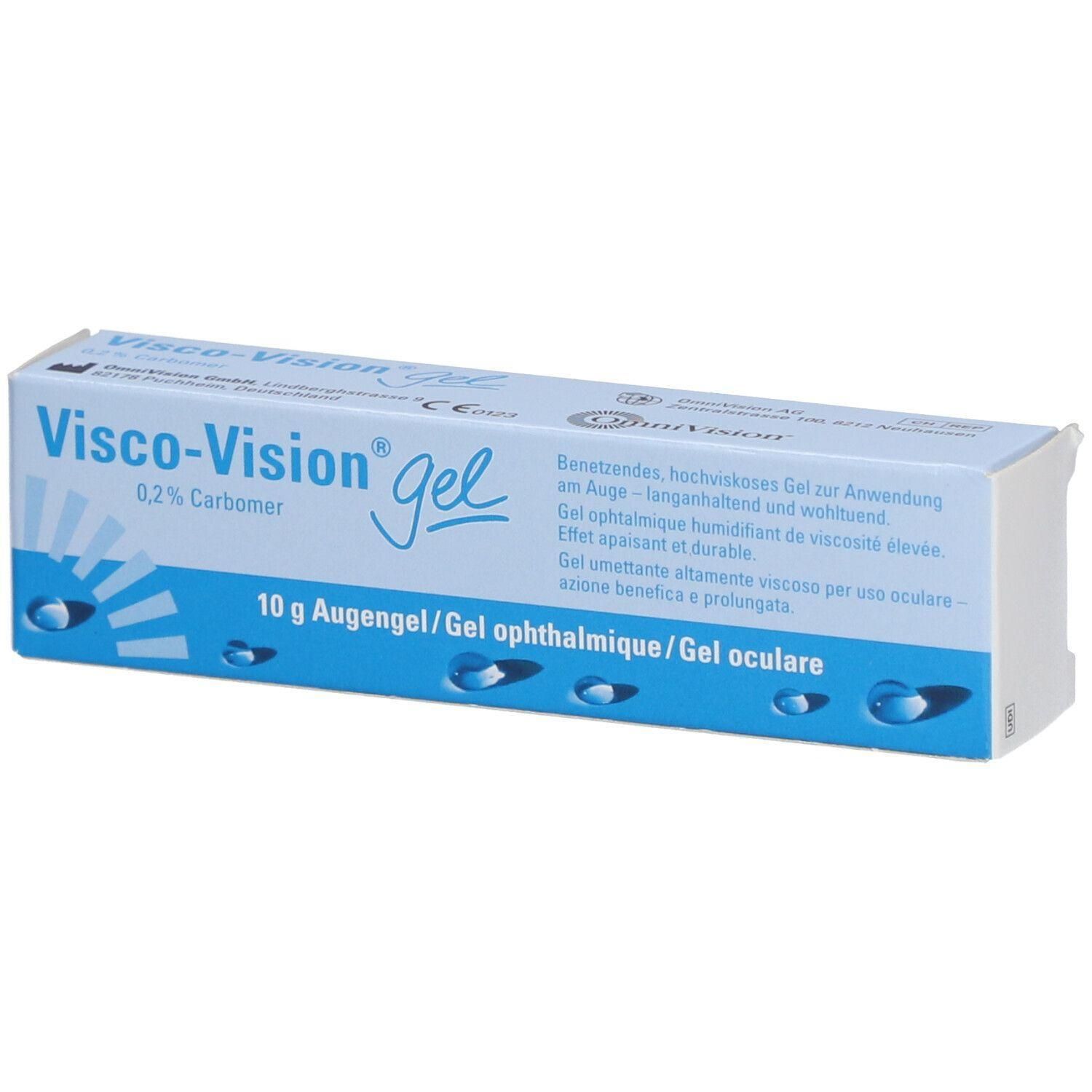 Boîte de Visco-Vision gel. Inscription : 0,2% Carbomer, 10 g Augengel. Couleurs bleu et blanc. Informations produit multilingues.