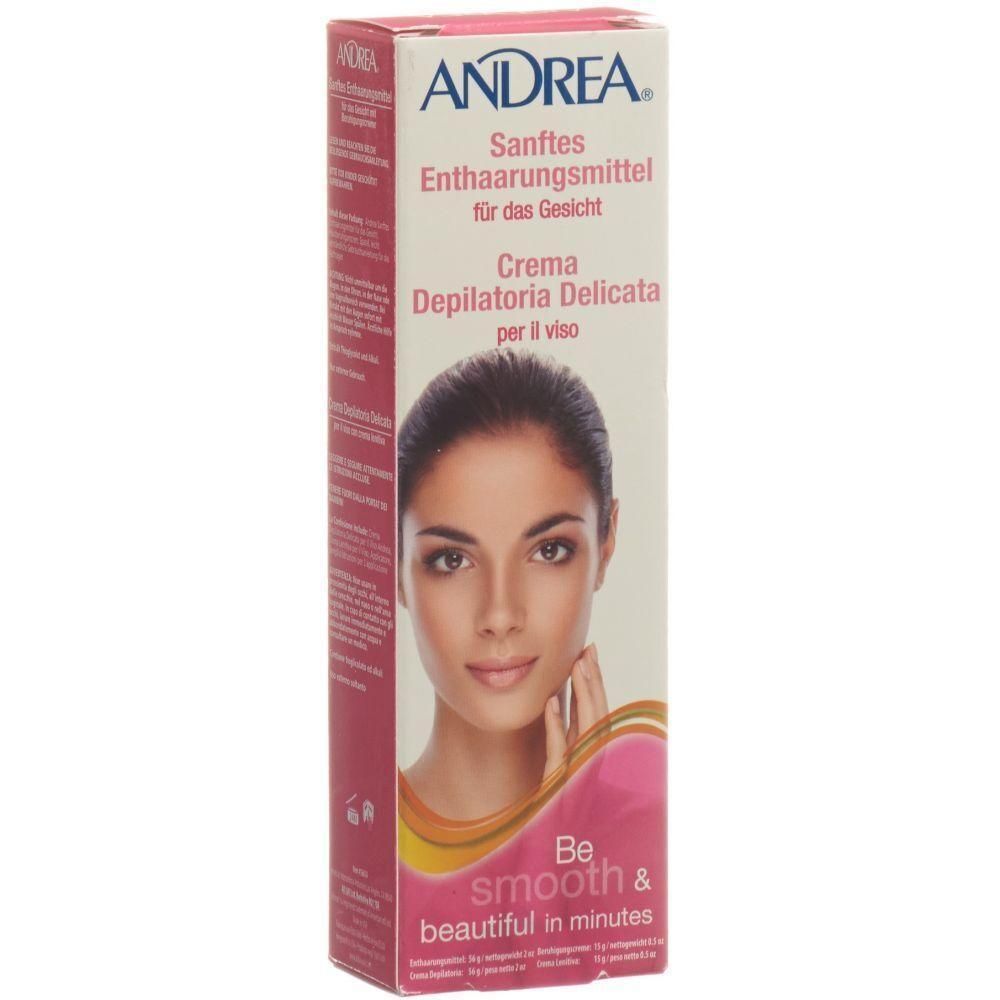 Verpackung von ANDREA Enthaarungscreme für das Gesicht. Enthält Produktnamen und Abbildung eines Gesichts. Rosa und weißes Design.