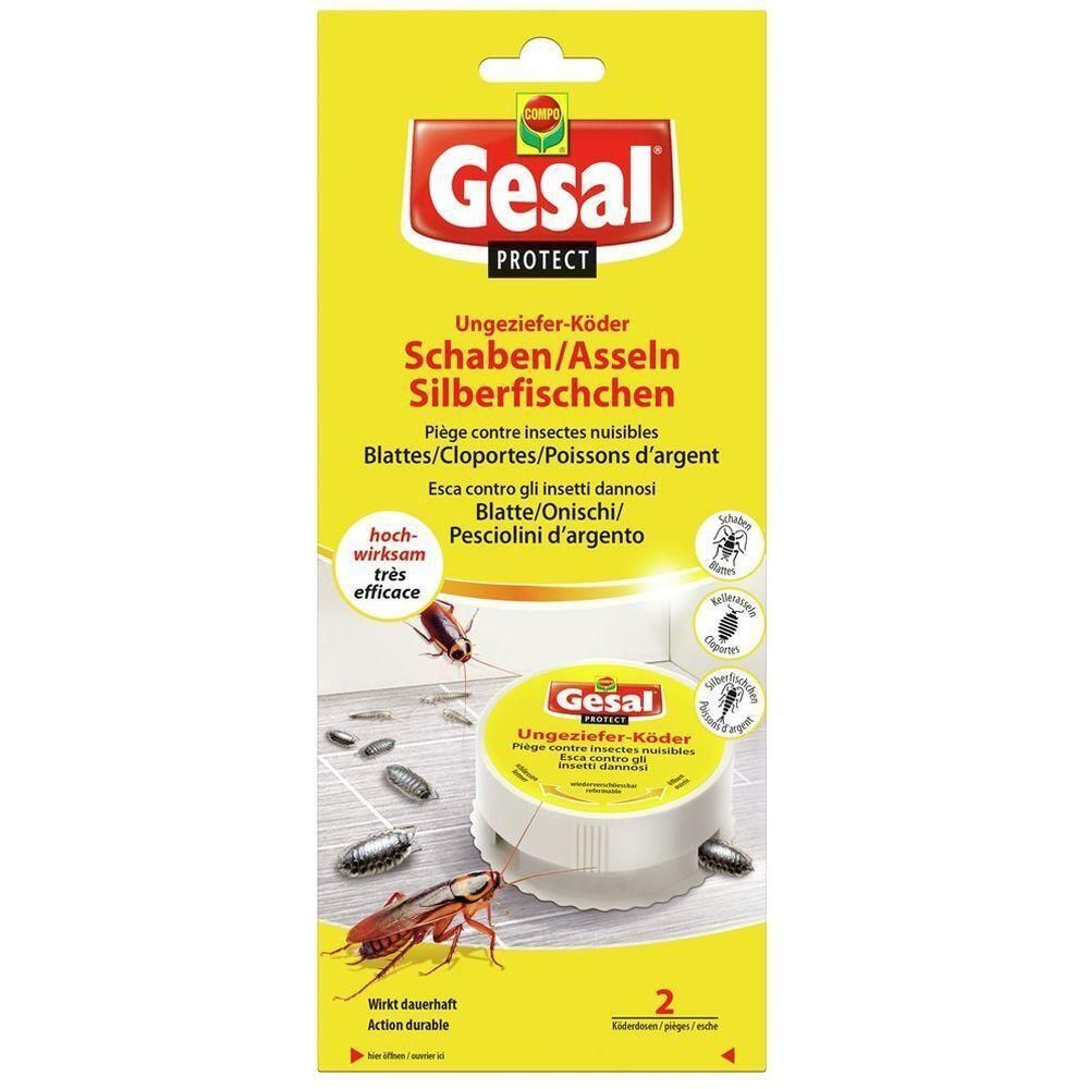 Gelbe Verpackung mit Gesal-Logo und Produktnamen. Köderdose für Ungeziefer, darunter Schaben und Silberfischchen. Zwei Stück.