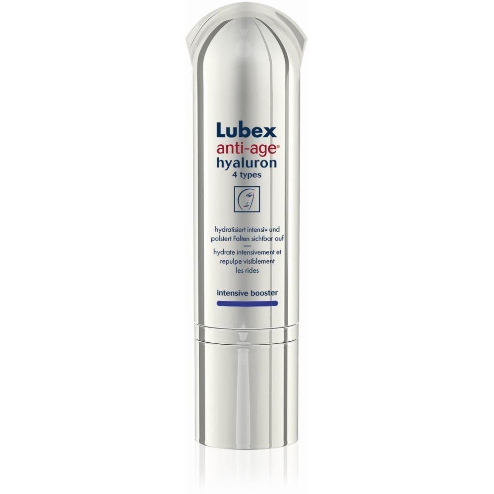 Zylindrische Flasche. Silberfarben mit transparentem Deckel. Beschriftung: Lubex anti-age hyaluron, 4 types. Text: Intensive booster.