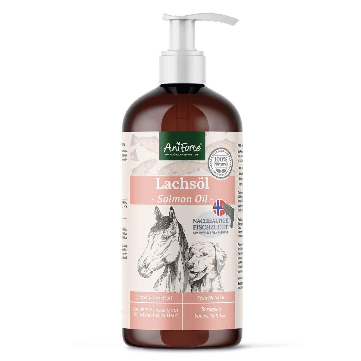 Braune Flasche mit Pumpe. Aufschrift: AniForte Lachsöl - Salmon Oil. Abbildung von Pferd und Hund. Siegel: 100% natürlich.