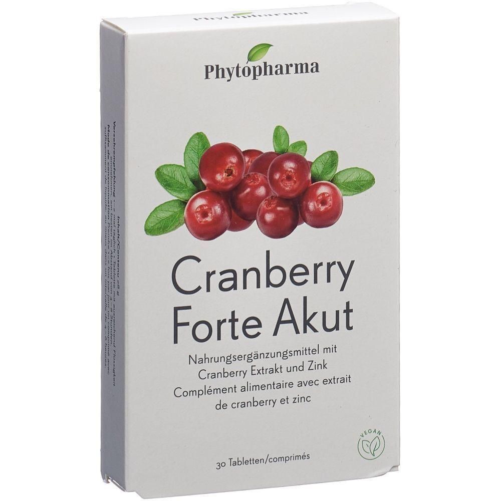 Boîte blanche avec le nom du produit Cranberry Forte Akut. Illustration de canneberges et de feuilles. Contient 30 comprimés. Label végan.