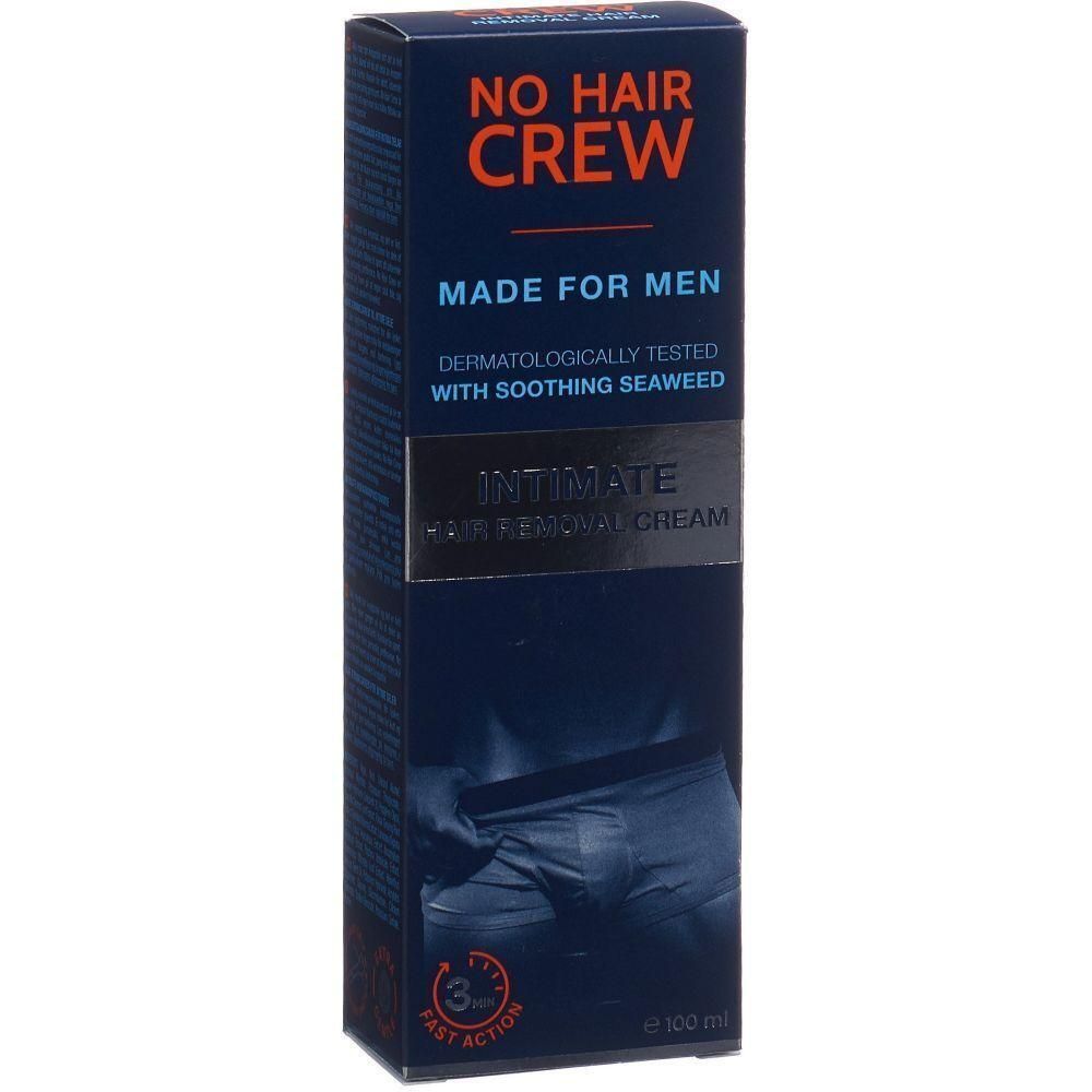 Dunkelblaue Verpackung mit Produktnamen und Text. Intim-Enthaarungscreme für Männer. Dermatologisch getestet.
