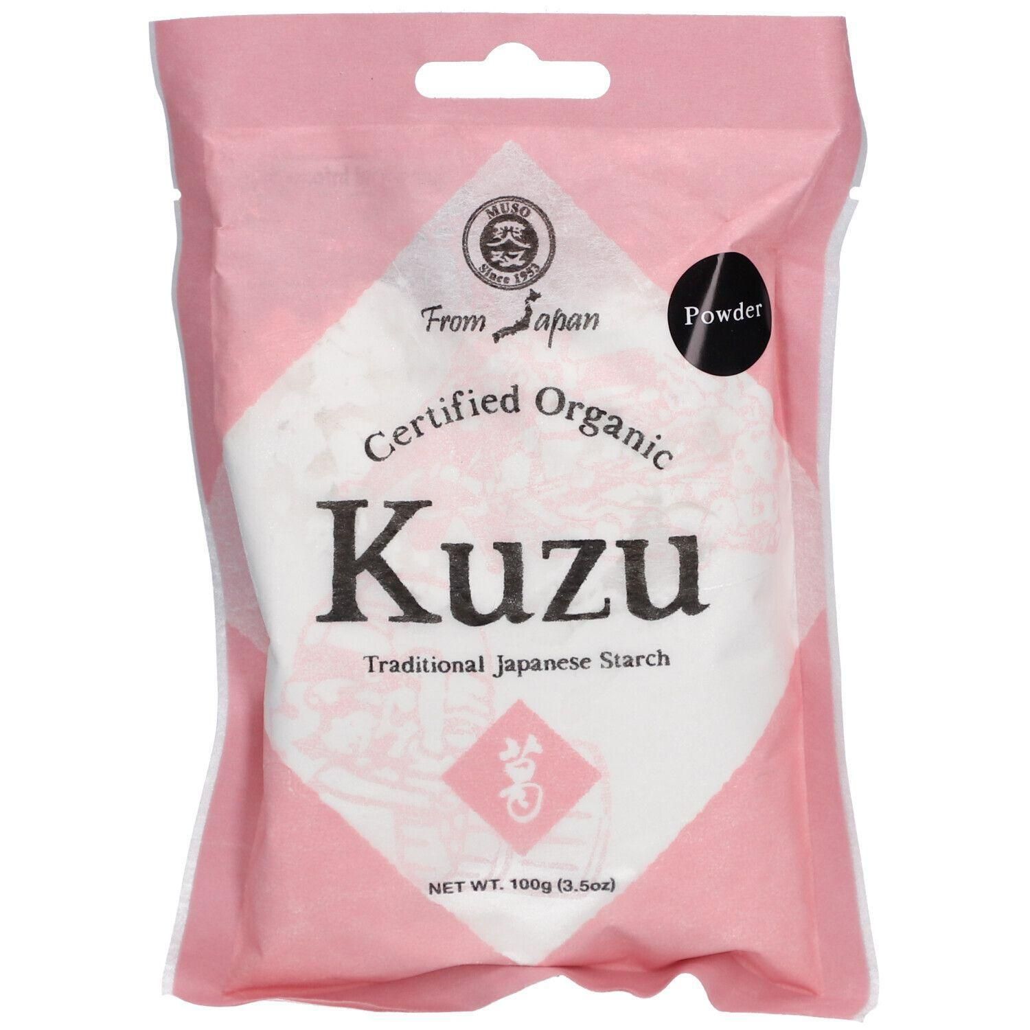 Emballage rose de poudre de Kuzu. Inscription: Certified Organic, Kuzu, Traditional Japanese Starch. Cercle noir: Powder.