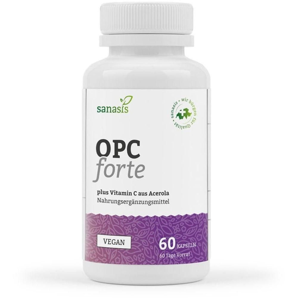 Flacon blanc Sanasis OPC forte. Inscription: OPC forte, plus vitamine C, 60 gélules, vegan. Étiquette violette à motifs floraux.