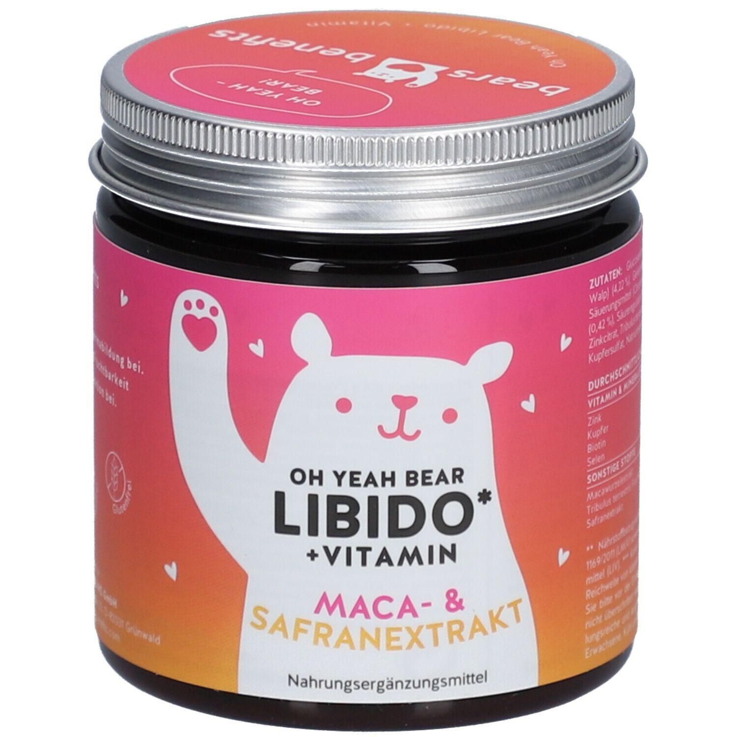 Dose mit rosa Etikett. Aufschrift: OH YEAH BEAR LIBIDO + Vitamin, Maca- & Safranextrakt. Nahrungsergänzungsmittel. Deckel silberfarben.