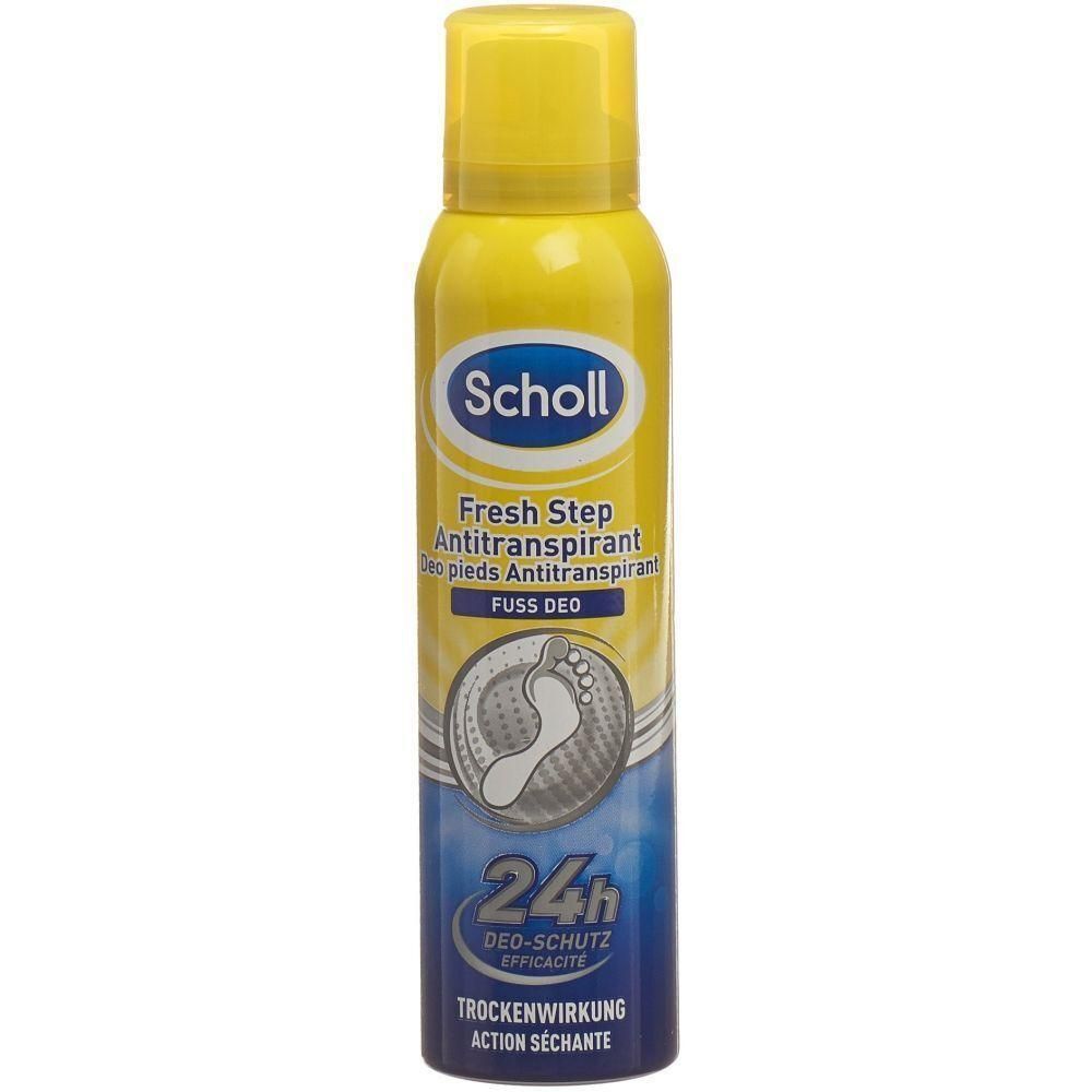 Gelbe Sprühdose mit gelbem Deckel. Aufschrift: Scholl, Fresh Step Antitranspirant, Fuss Deo. Blaue und silberne Details. 24h Deo-Schutz.