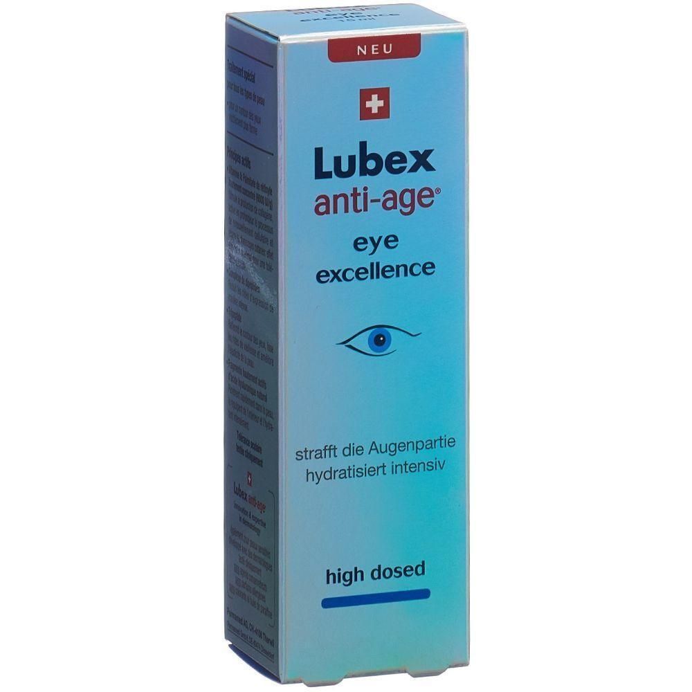 Emballage bleu et blanc avec le nom du produit Lubex anti-age eye excellence. Champ rouge avec croix blanche. Texte: strafft die Augenpartie.