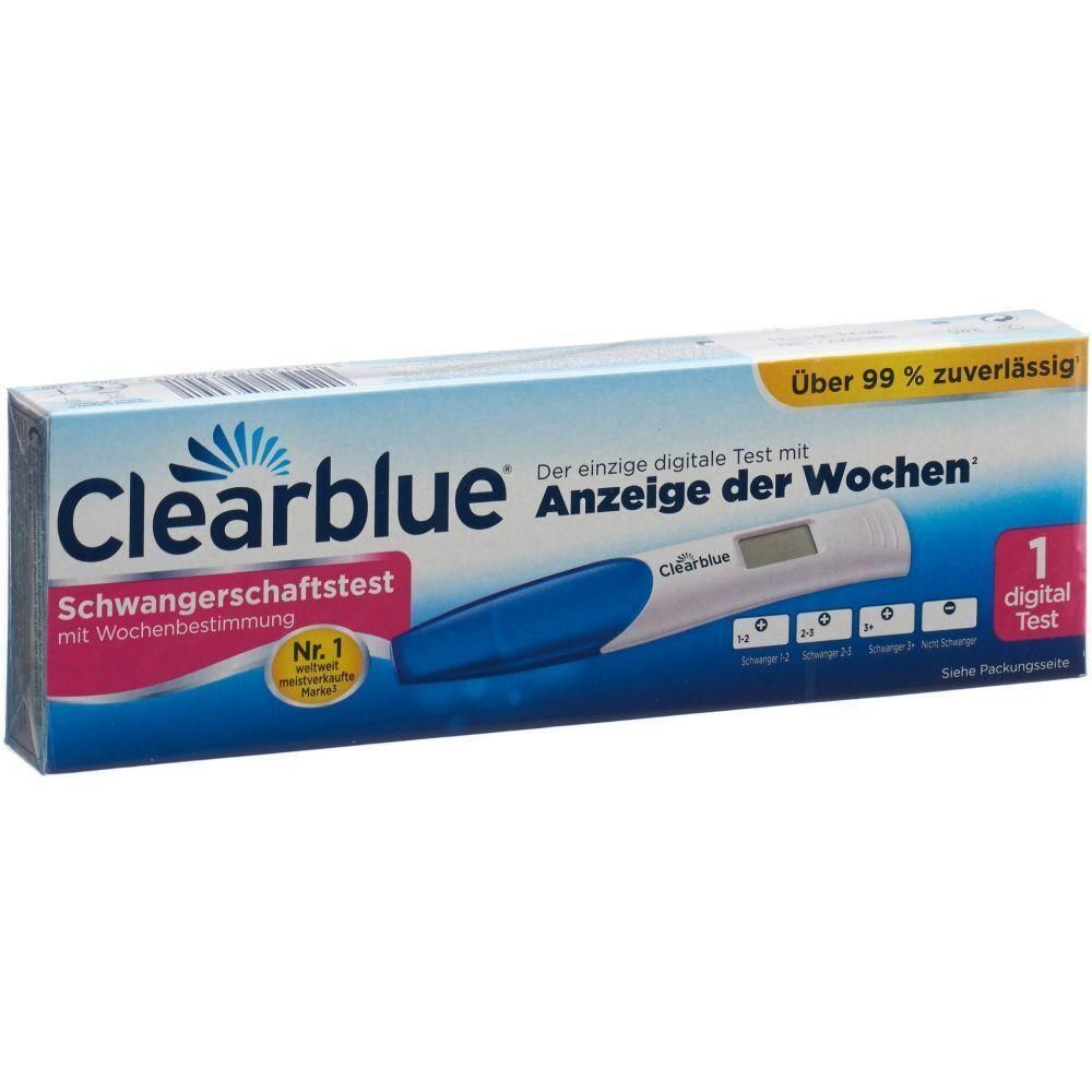 Verpackung von Clearblue Schwangerschaftstest. Enthält einen digitalen Test. Text: Über 99 % zuverlässig. Anzeige der Wochen.