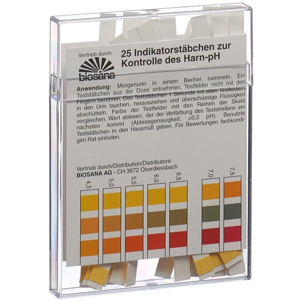 Transparente Box mit Teststreifen. Aufschrift: BIOSANA, 25 Indikatorstäbchen zur Kontrolle des Harn-pH. Farbskala zur pH-Wert-Bestimmung.