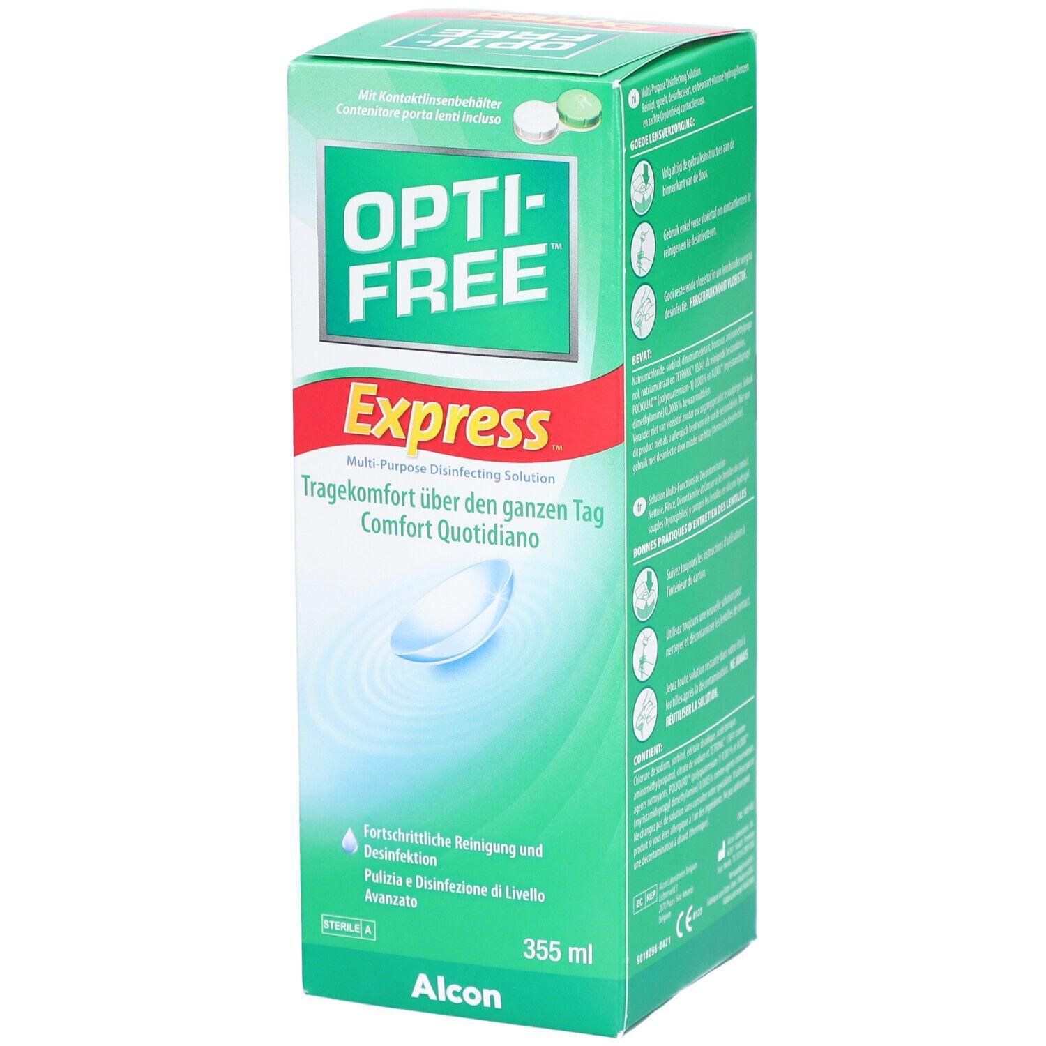 Emballage vert Opti-Free Express. Solution désinfectante polyvalente. Nom du produit, texte et logo visibles. Contenance : 355 ml.