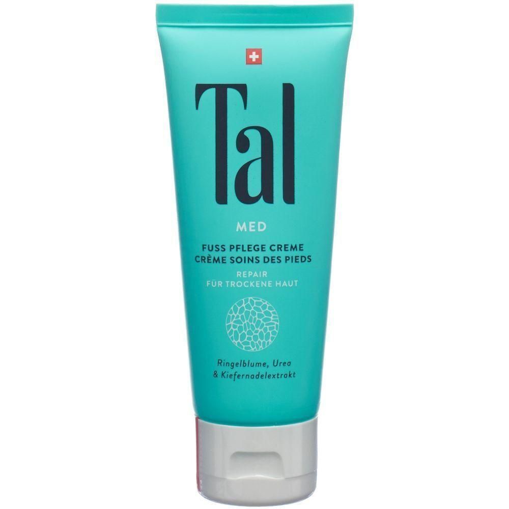Türkisfarbene Tube mit weißem Verschluss. Aufschrift: Tal, MED, Fuss Pflege Creme, Repair für trockene Haut. Schweizer Kreuz.