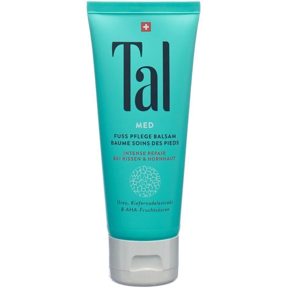 Tube turquoise avec bouchon blanc. Inscription: Tal, MED, Baume Soins des Pieds. Croix suisse.
