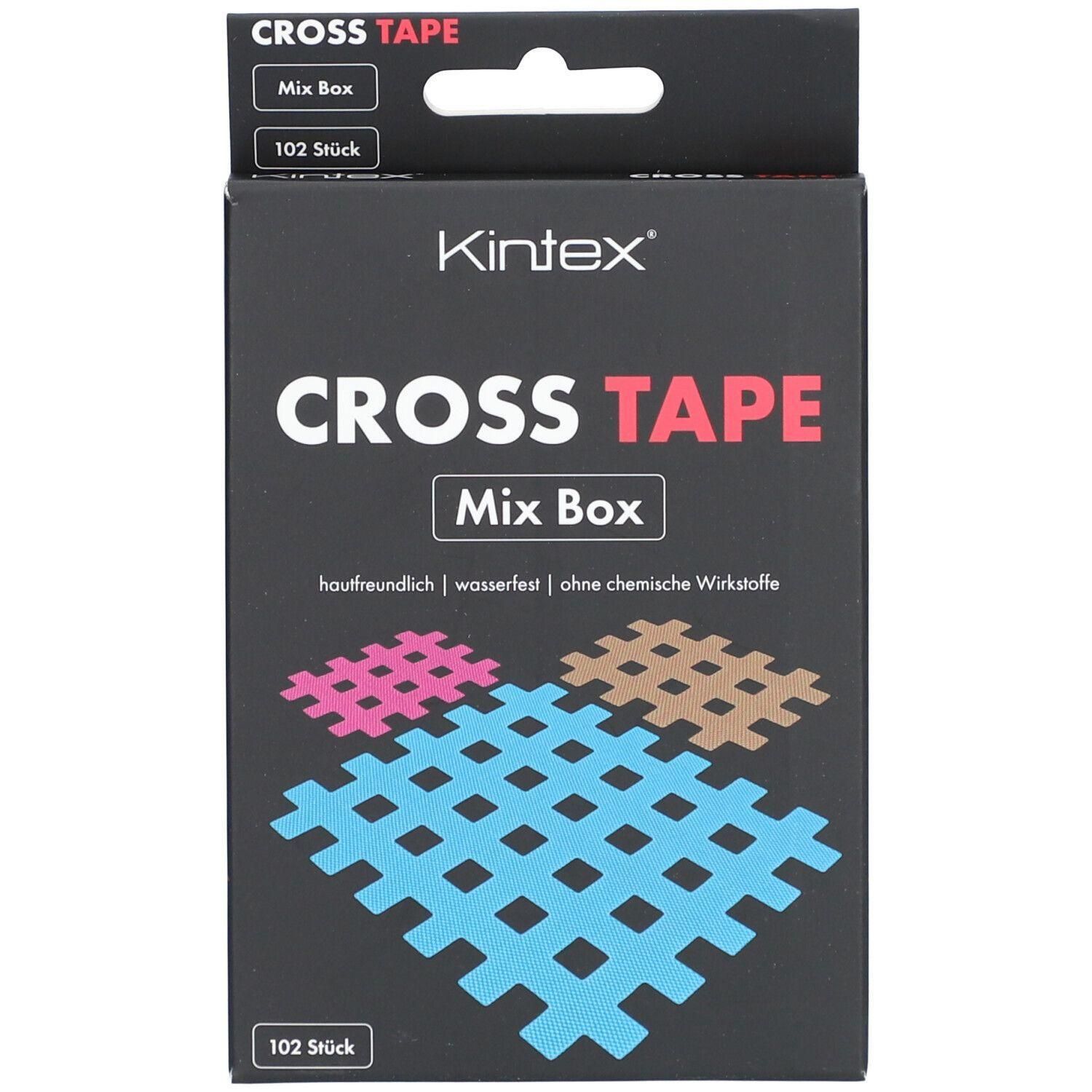 Schwarze Box mit Produktaufdruck. Enthält Gitterpflaster. Aufschrift: Kintex Cross Tape Mix Box, 102 Stück. Hautfreundlich, wasserfest.