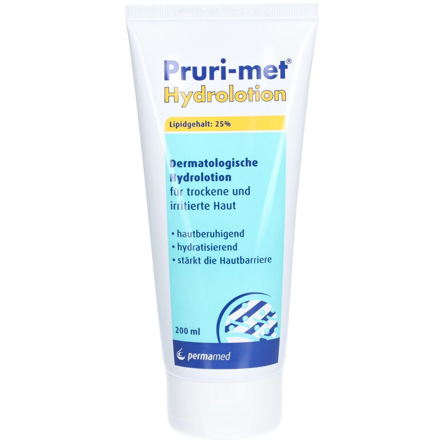 Weiß-blaue Tube mit Produktaufschrift Pruri-met Hydrolotion. Text: Dermatologische Hydrolotion für trockene und irritierte Haut. 200 ml.