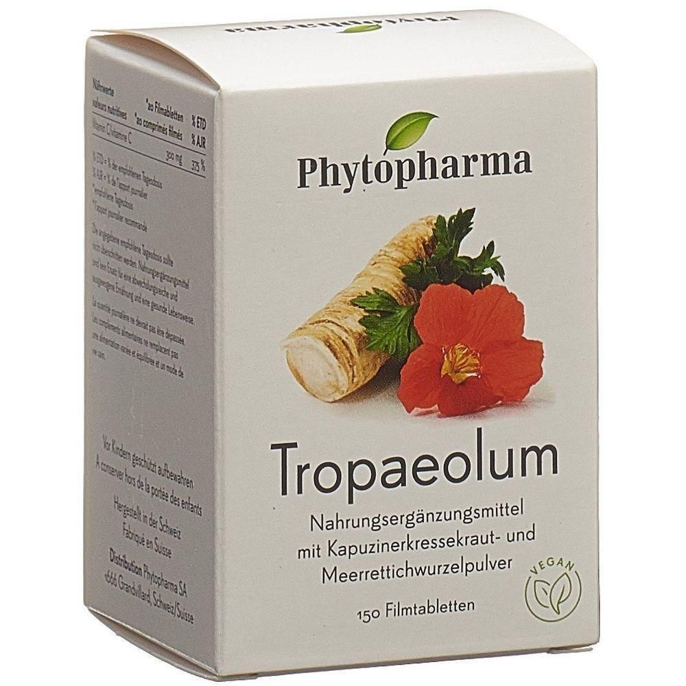 Weiße Schachtel mit Produktabbildung und Schriftzug Tropaeolum. Vegan-Siegel. 150 Filmtabletten.