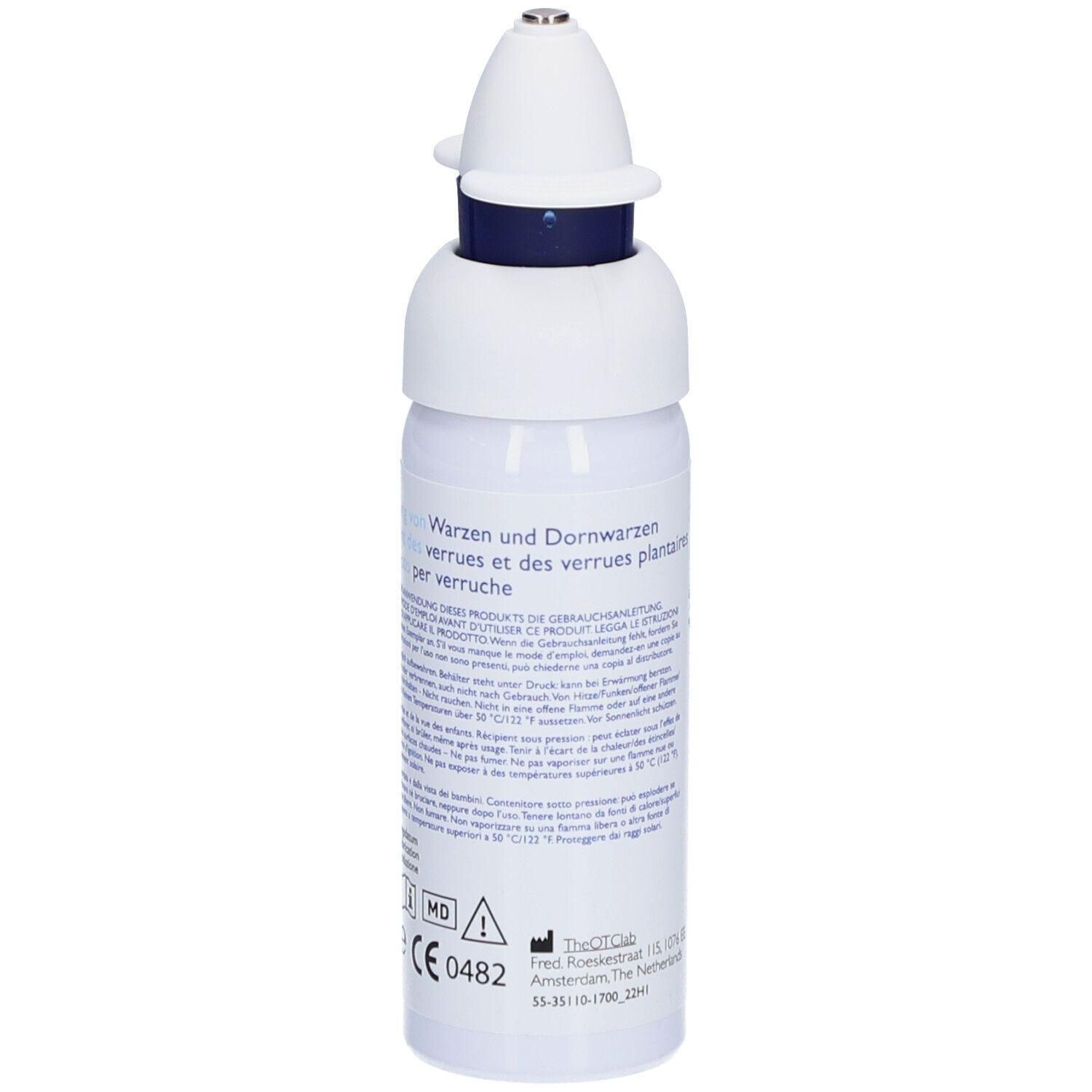 Récipient blanc avec applicateur. Inscription : Warzen und Dornwarzen. Mentions : CE 0482, avertissement.