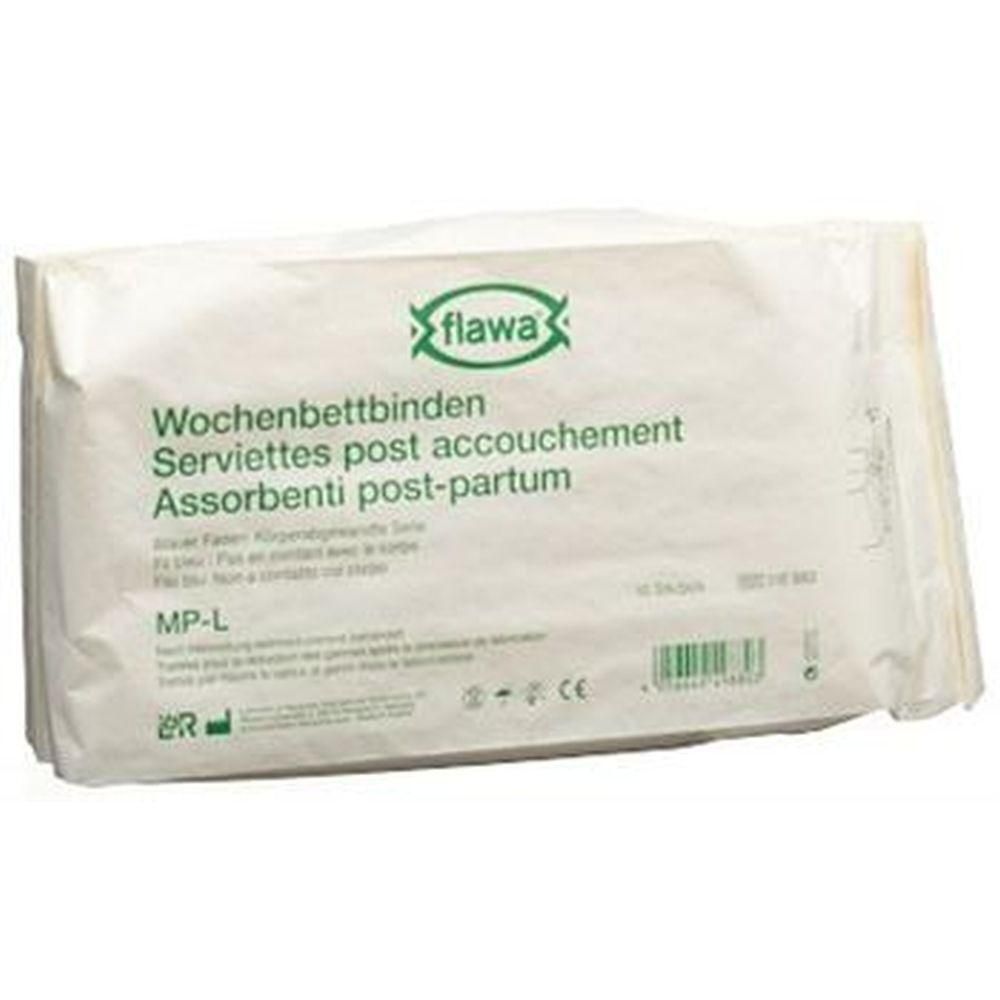 Emballage de serviettes post-partum. Inscription : flawa, Servietten post-partum, Assorbenti post-partum. MP-L.