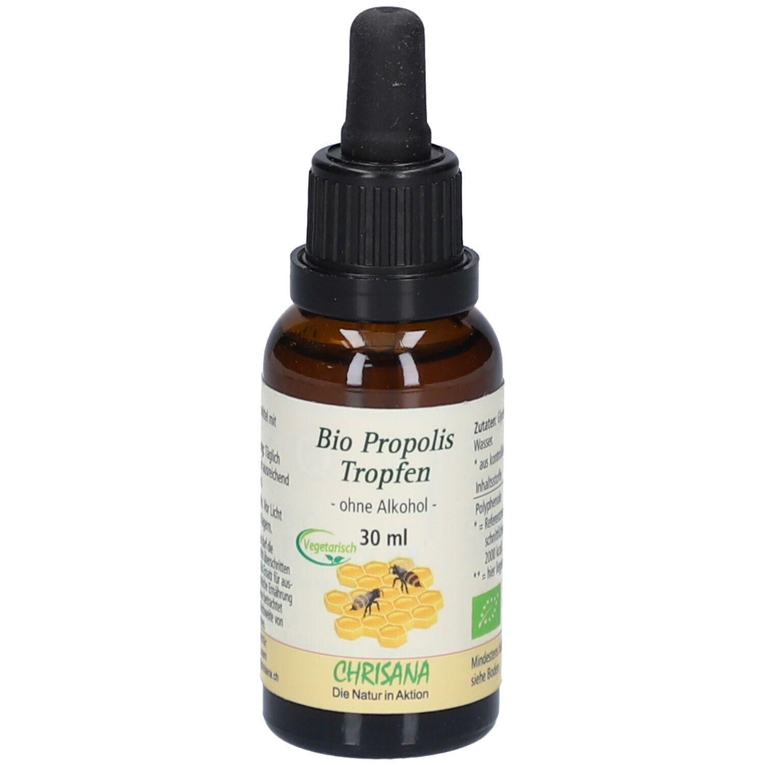 Braune Glasflasche mit Tropfer. Beschriftung: Bio Propolis Tropfen, ohne Alkohol, 30 ml. Label mit Bienen und Waben.