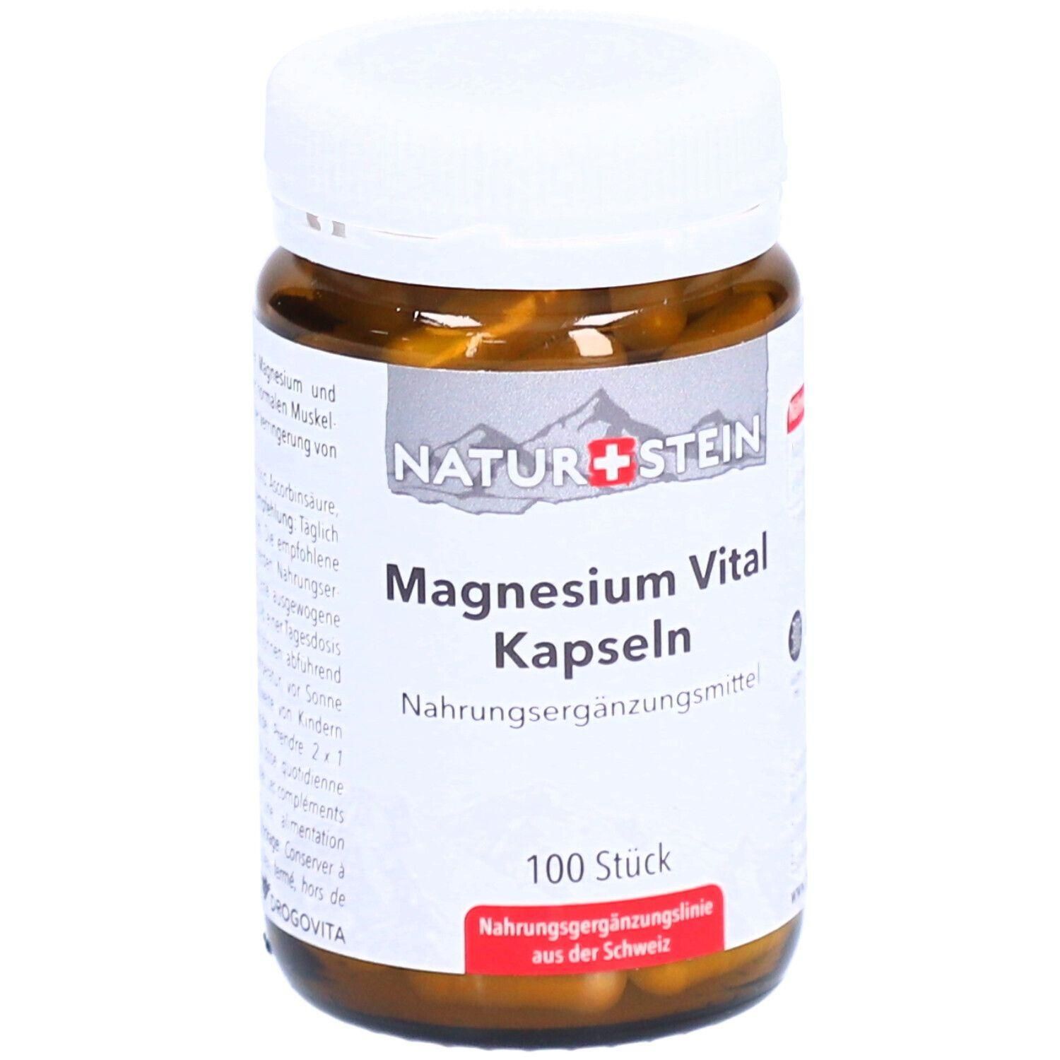Braune Glasflasche mit weißem Deckel. Etikett mit Aufschrift NATURSTEIN Magnesium Vital Kapseln. 100 Stück.