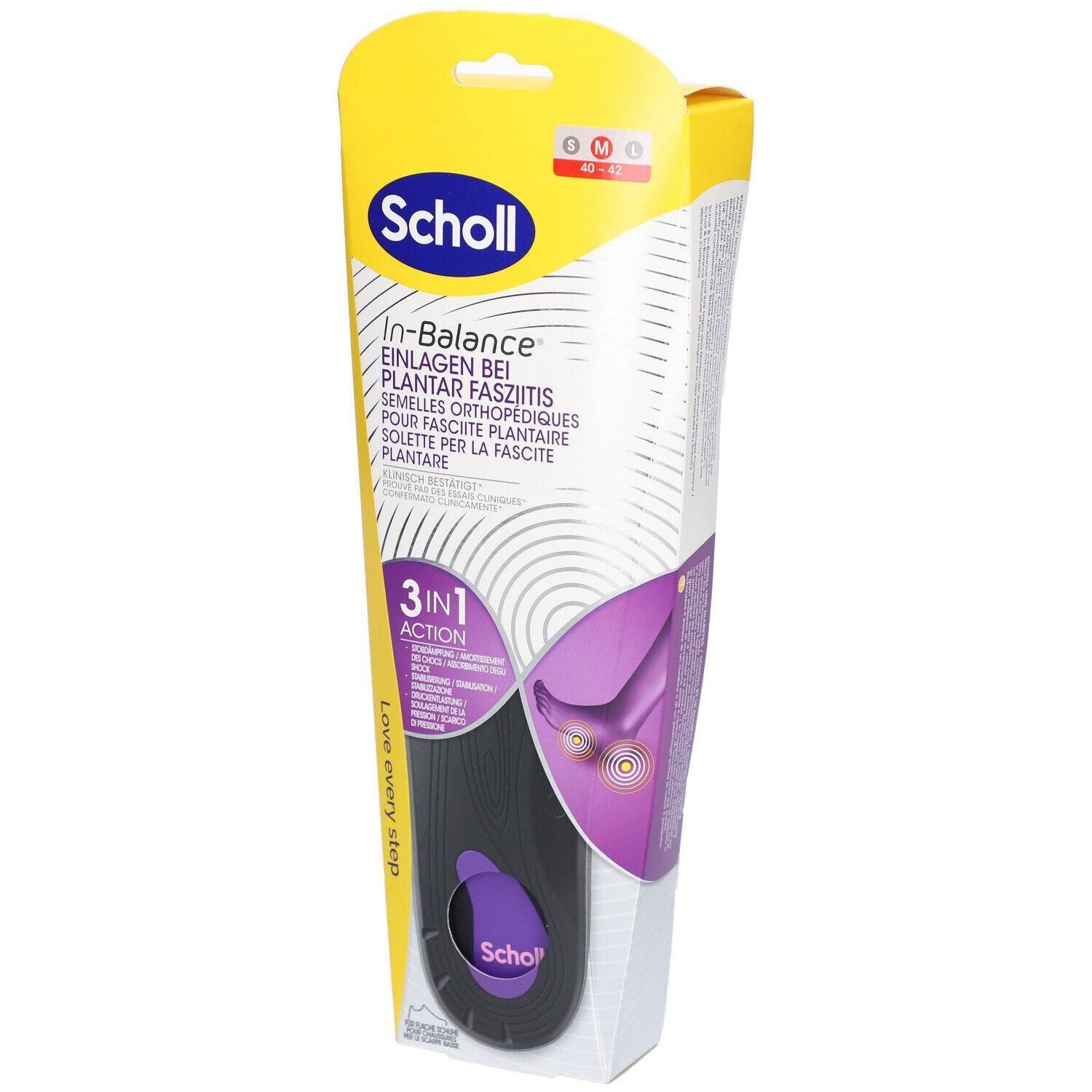 Scholl In-Balance Einlegesohlen in Verpackung. Größe M. Für Plantarfasziitis. Schwarze und violette Einlegesohle. Gelbe und weiße Verpackung.