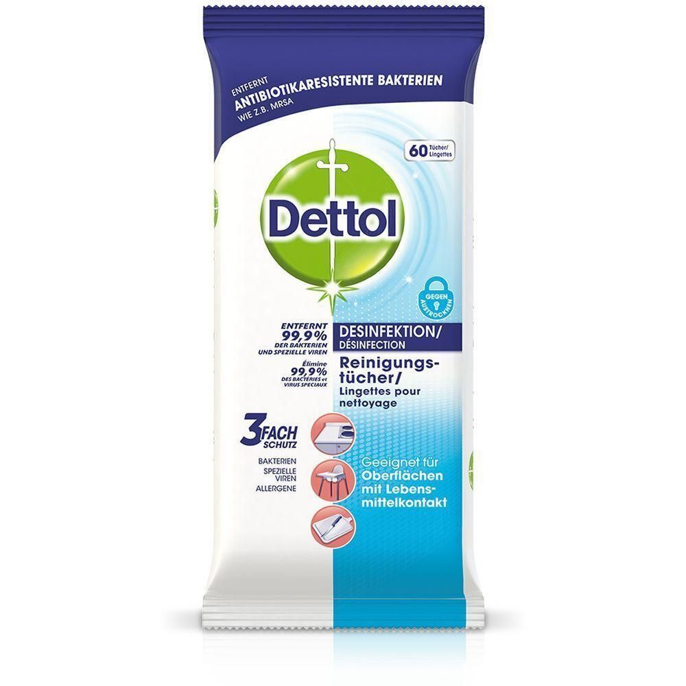 Paquet de lingettes désinfectantes. Emballage bleu et blanc avec logo et texte : Dettol, Désinfection, 60 lingettes.