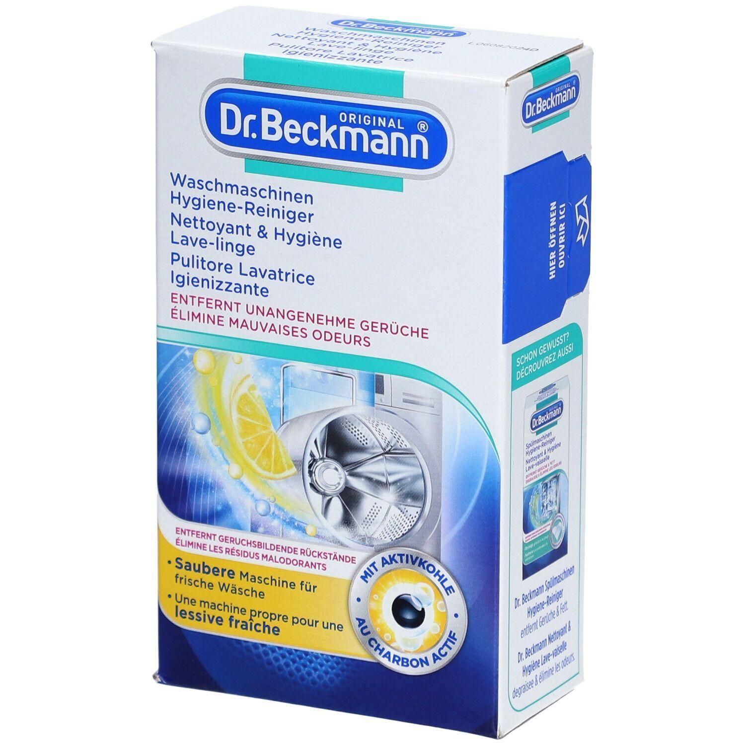 Boîte de Dr. Beckmann Nettoyant & Hygiène pour lave-linge. Boîte blanche avec logo bleu et vert. Nom du produit et caractéristiques imprimés.
