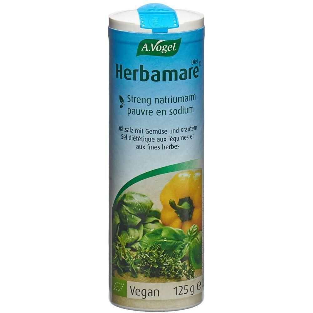 Boîte cylindrique A. Vogel Herbamare Diet. Emballage bleu et blanc avec nom du produit et image de légumes. Vegan.