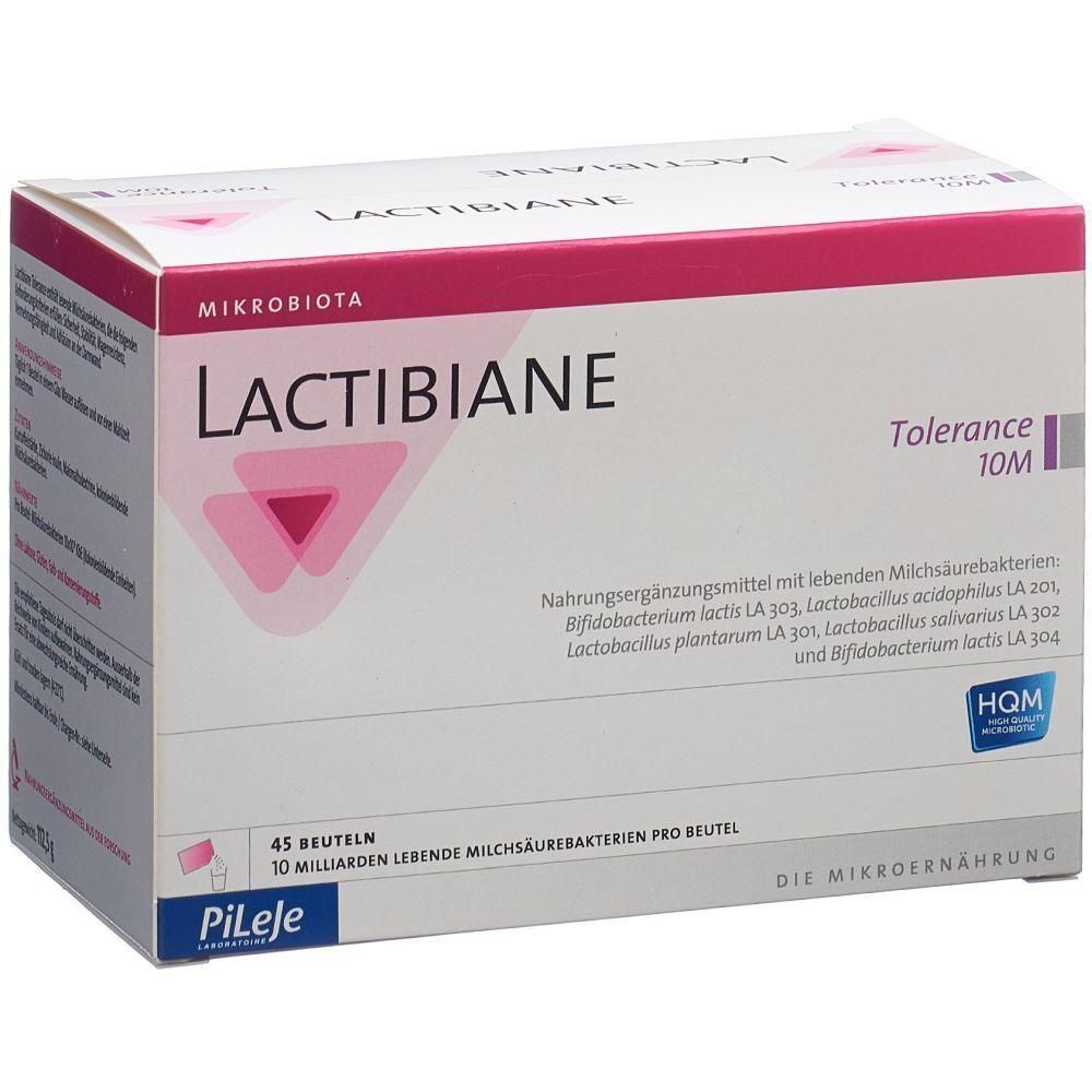 Karton LACTIBIANE Toleranz 10M. Weiß, rosa Akzente. Enthält 45 Beutel mit lebenden Milchsäurebakterien. Logo Pileje.