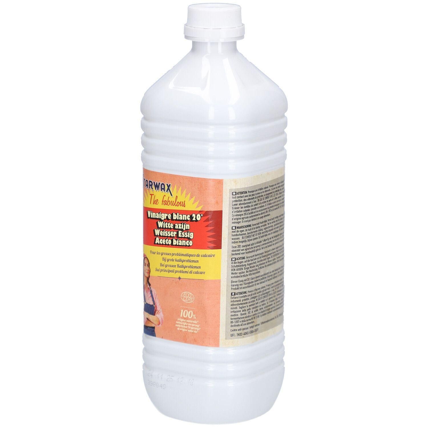 Weiße Flasche mit Schraubverschluss. Aufkleber mit Produktbezeichnung: Weißer Essig 20° ohne Duftstoffe. Marke STARWAX.